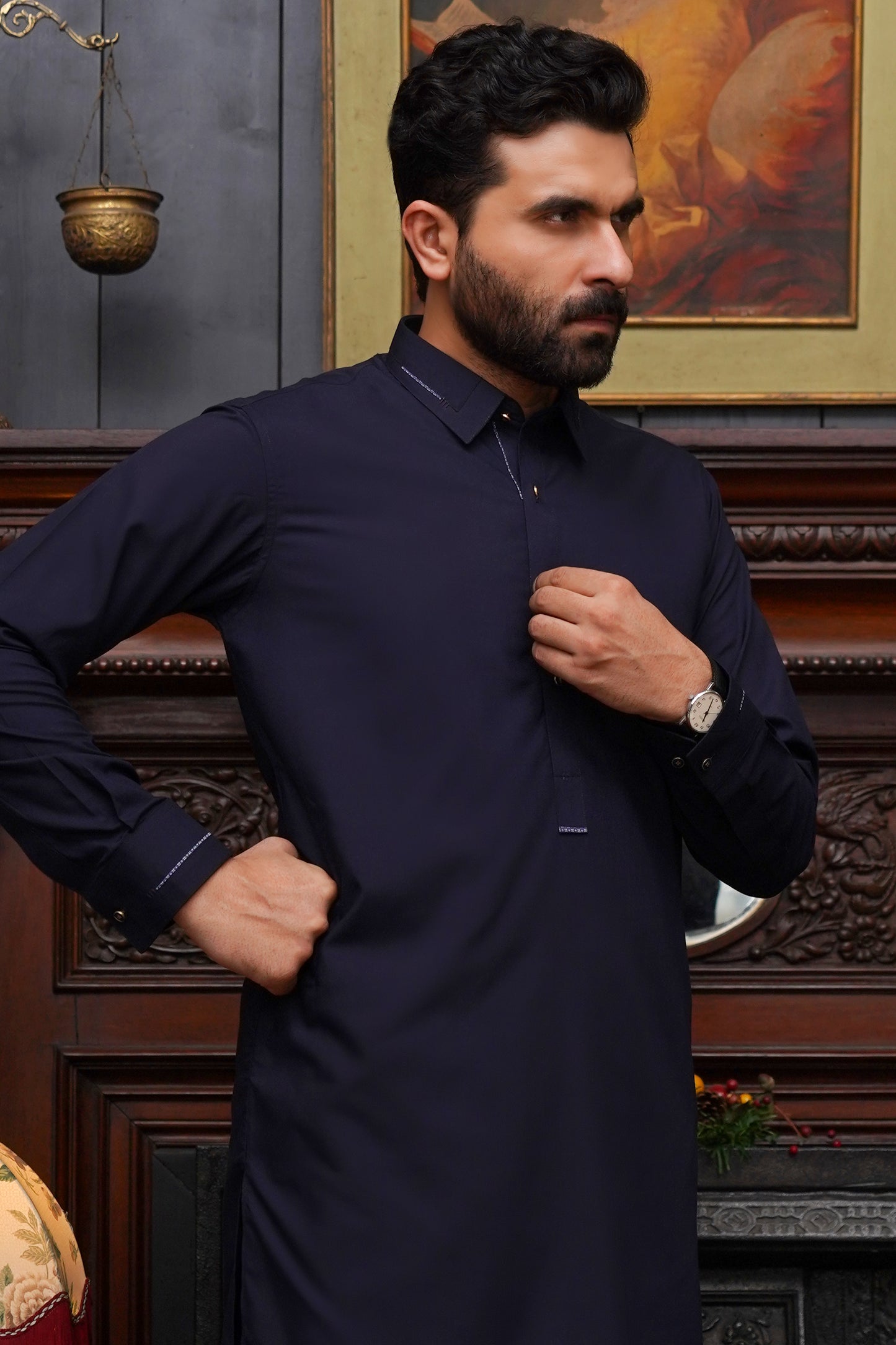 NAVY BLUE MEN'S WASH & WEAR SHALWAR KAMEEZ WITH COLLAR