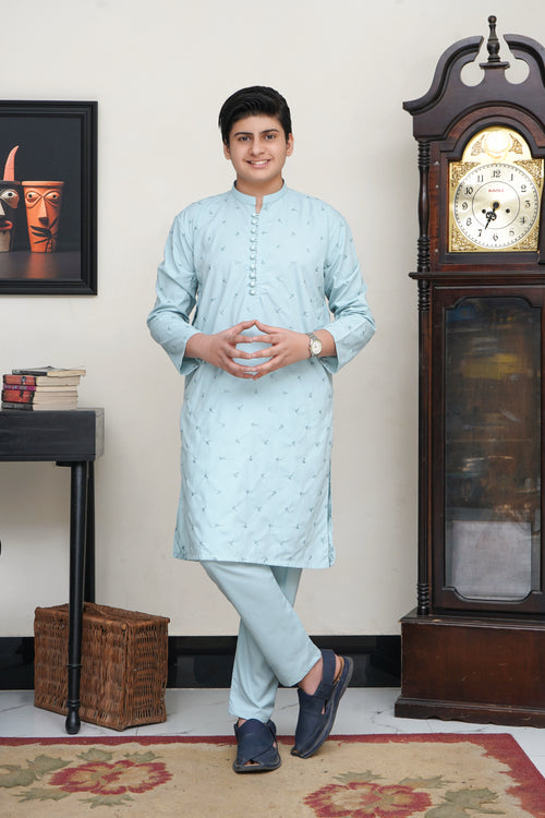 ICE BLUE KID'S EMBROIDED WASH & WEAR KID'S KURTA SET