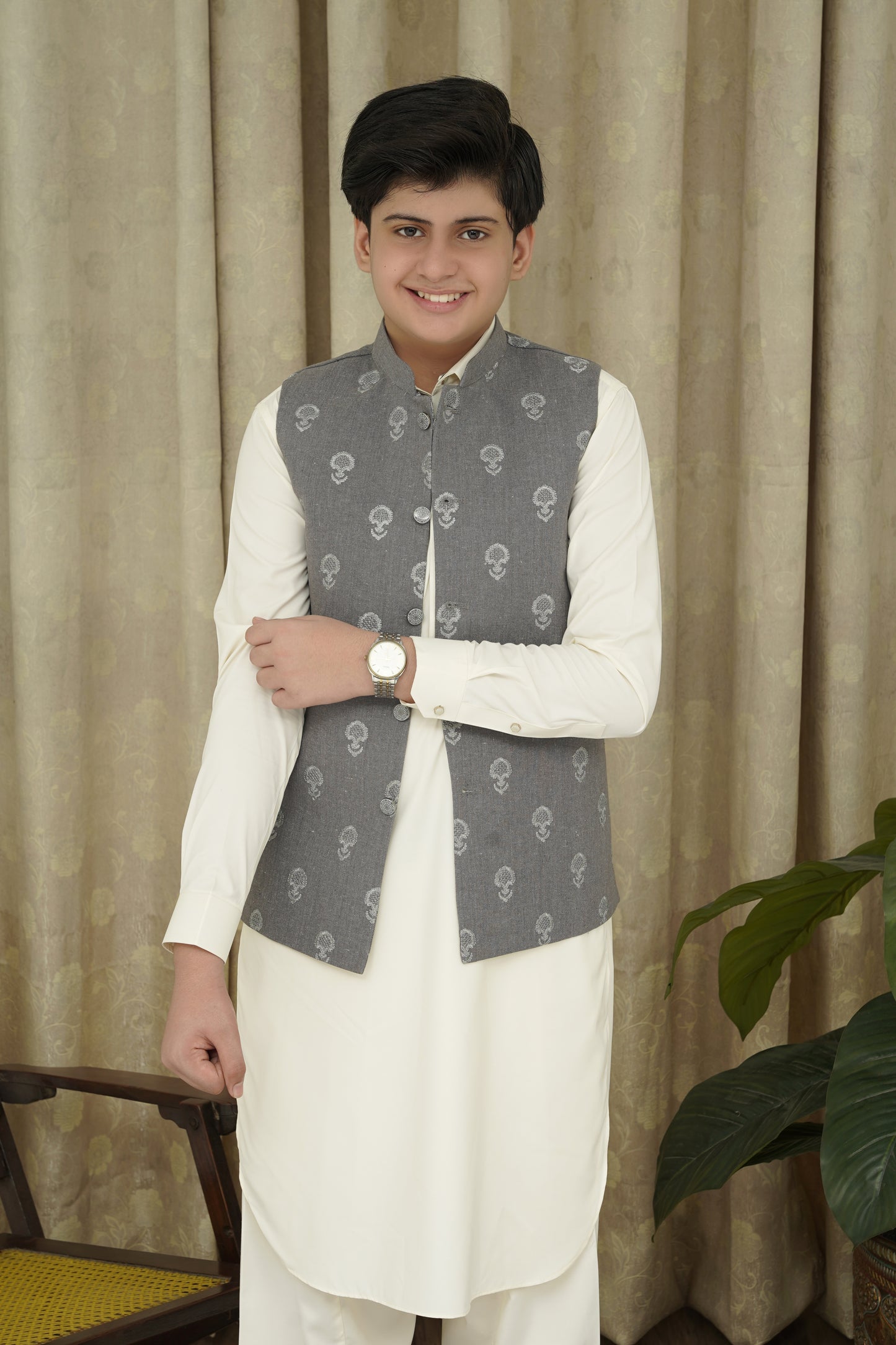 GRAY EMBROIDERY KID'S WAIST COAT