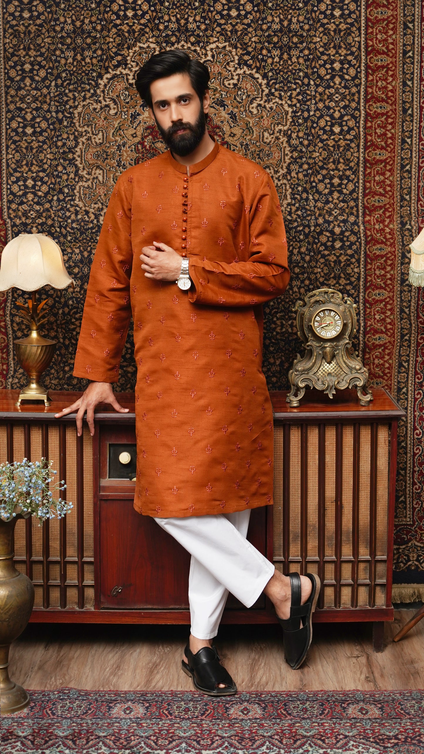 RUST BROWN EMBROIDED MEN'S KURTA