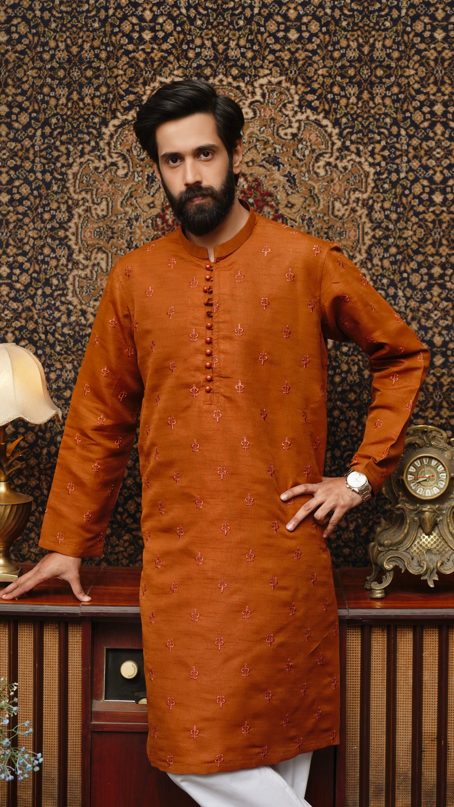 RUST BROWN EMBROIDED MEN'S KURTA