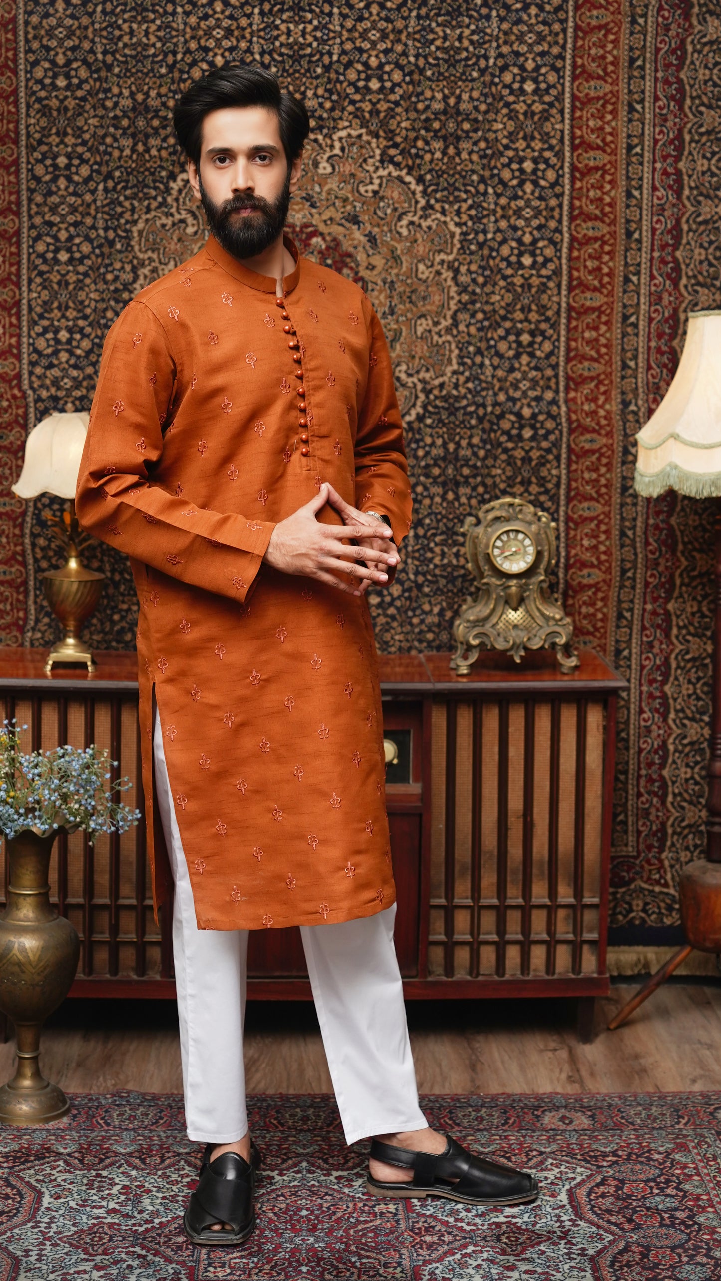 RUST BROWN EMBROIDED MEN'S KURTA