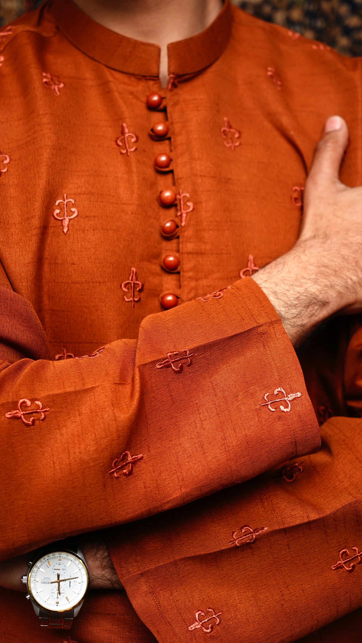 RUST BROWN EMBROIDED MEN'S KURTA