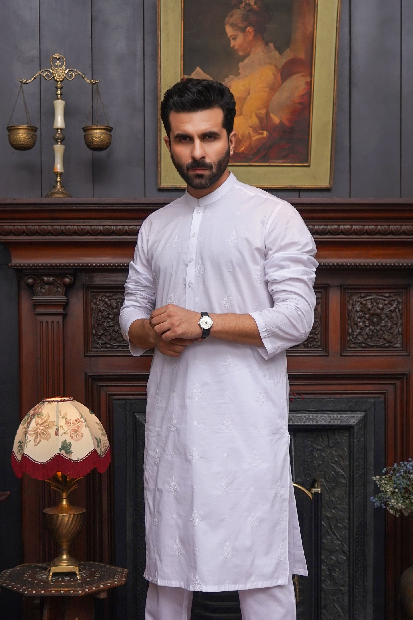 WHITE COTTN EMBROIDED MEN'S KAMEEZ SHALWAR