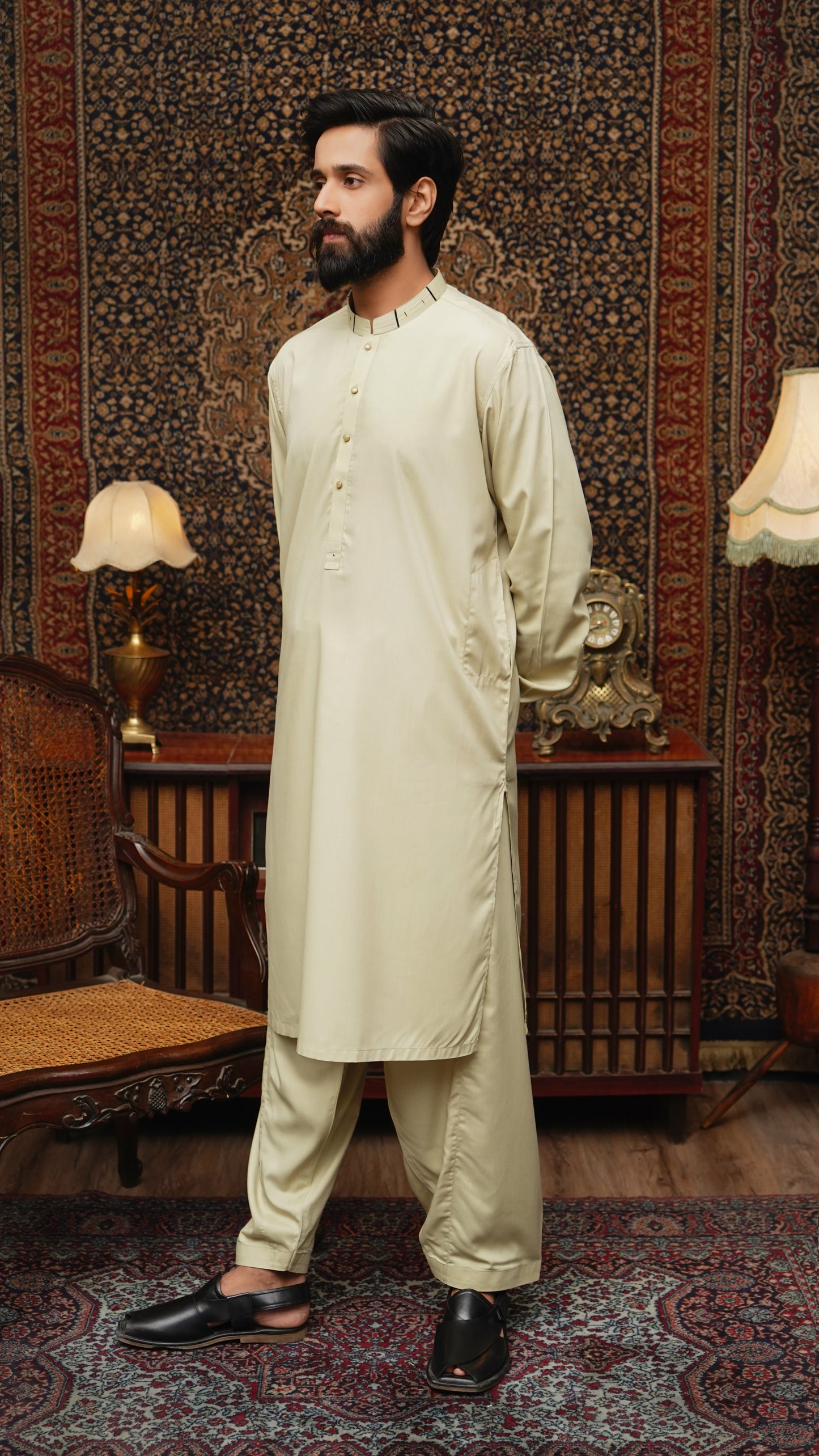 PALE GOLDERNROD WASH & WEAR MEN'S SHALWAR KAMEEZ