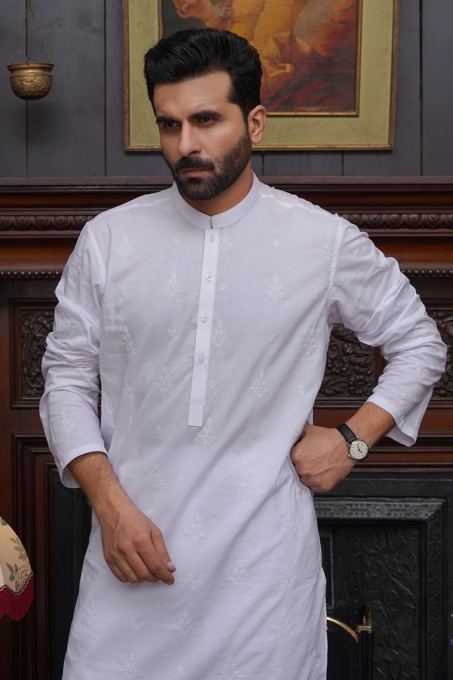 WHITE COTTN EMBROIDED MEN'S KAMEEZ SHALWAR