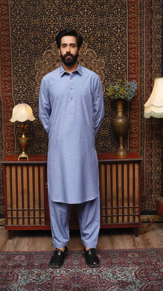 SKY BLUE COLLAR WASH & WEAR MEN'S SHALWAR KAMEEZ