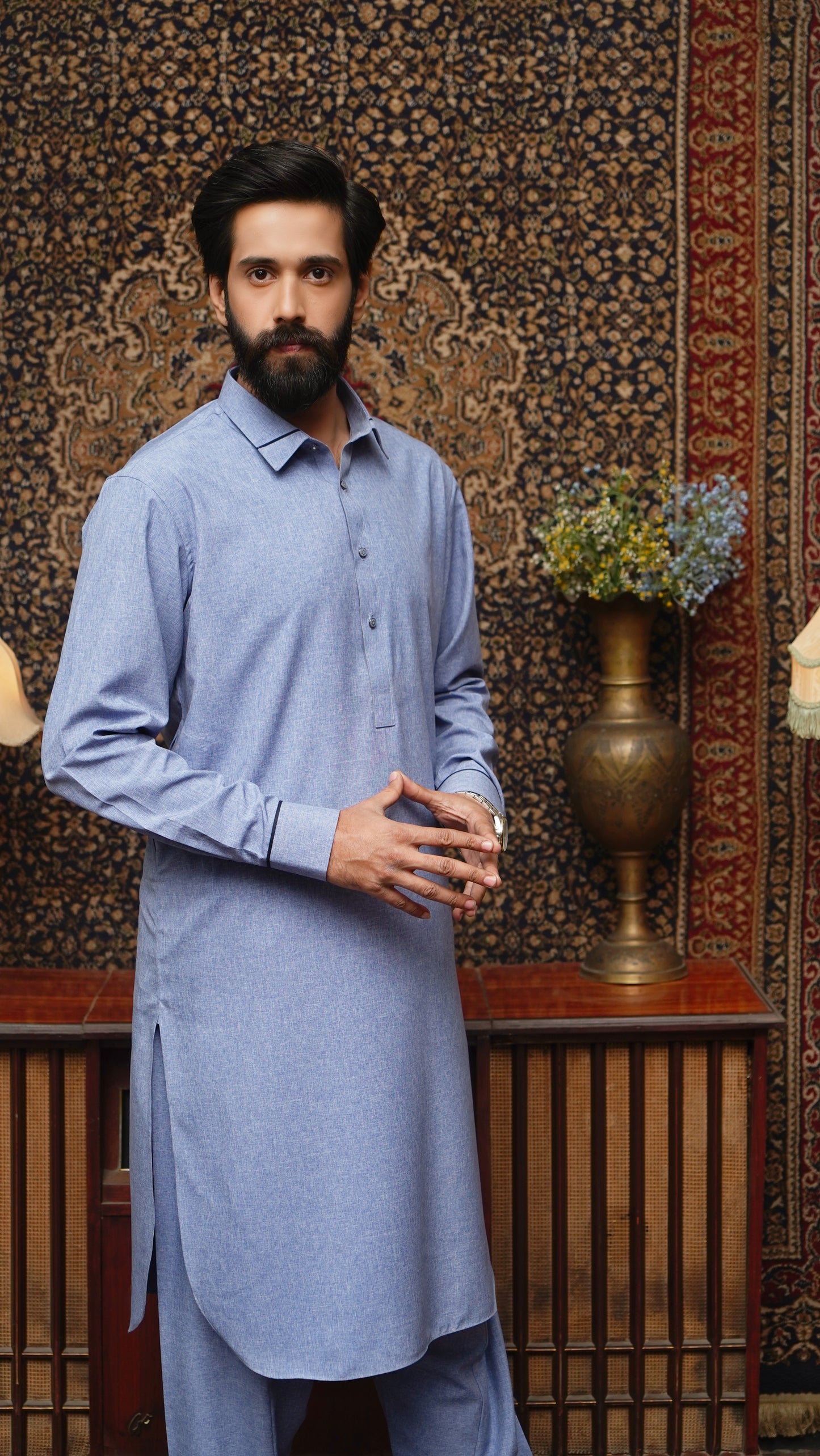 SKY BLUE COLLAR WASH & WEAR MEN'S SHALWAR KAMEEZ