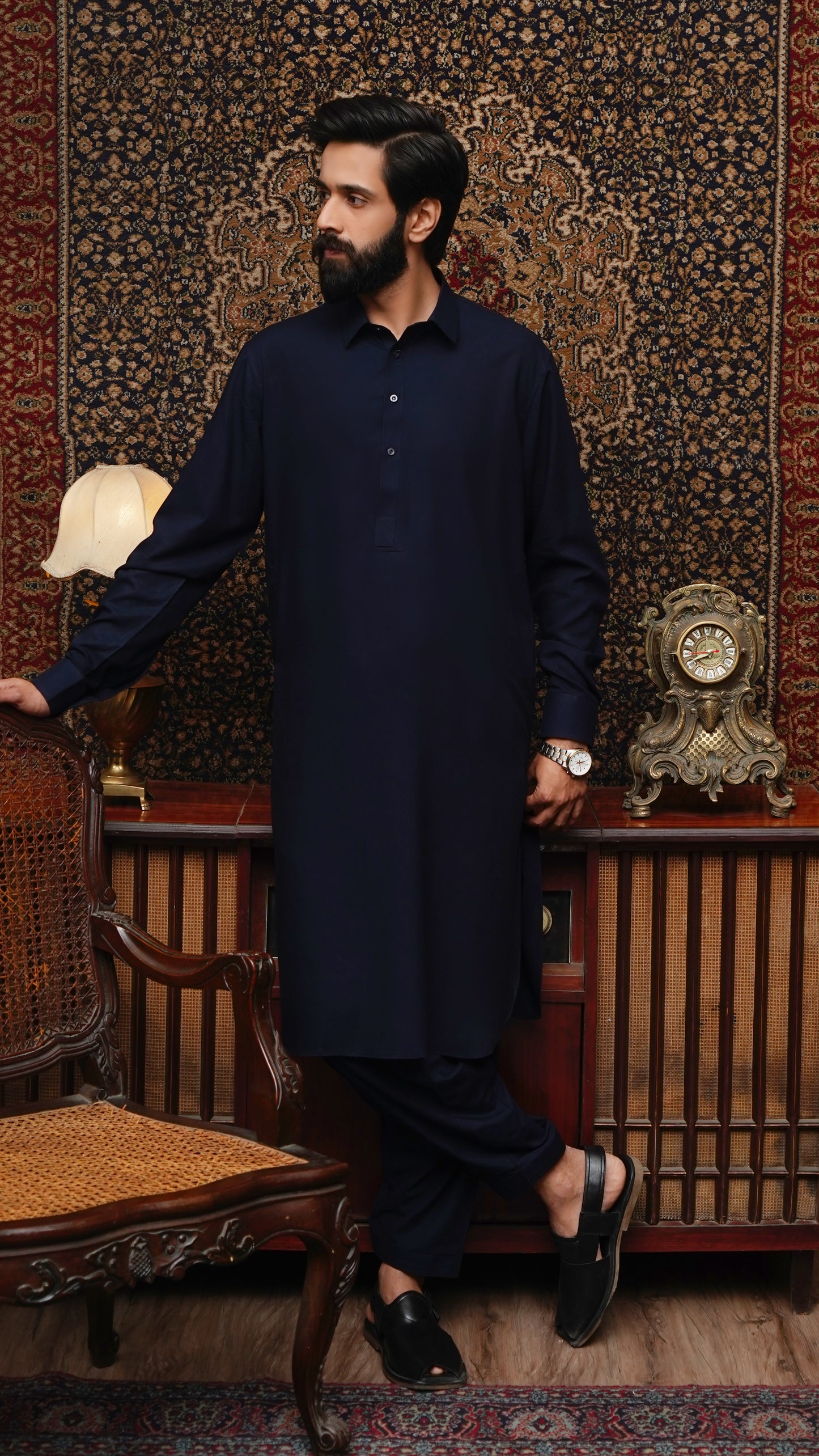 NAVY BLUE COLLAR WASH & WEAR MEN'S SHALWAR KAMEEZ