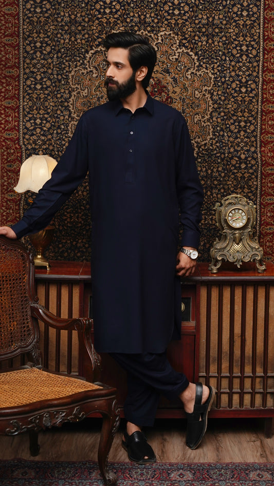 NAVY BLUE COLLAR WASH & WEAR MEN'S SHALWAR KAMEEZ