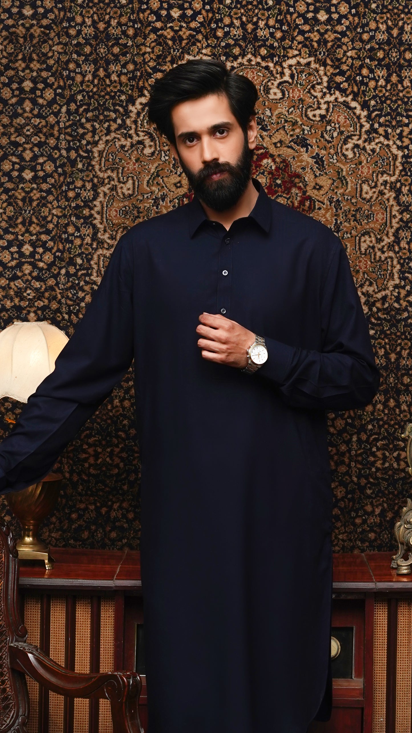 NAVY BLUE COLLAR WASH & WEAR MEN'S SHALWAR KAMEEZ