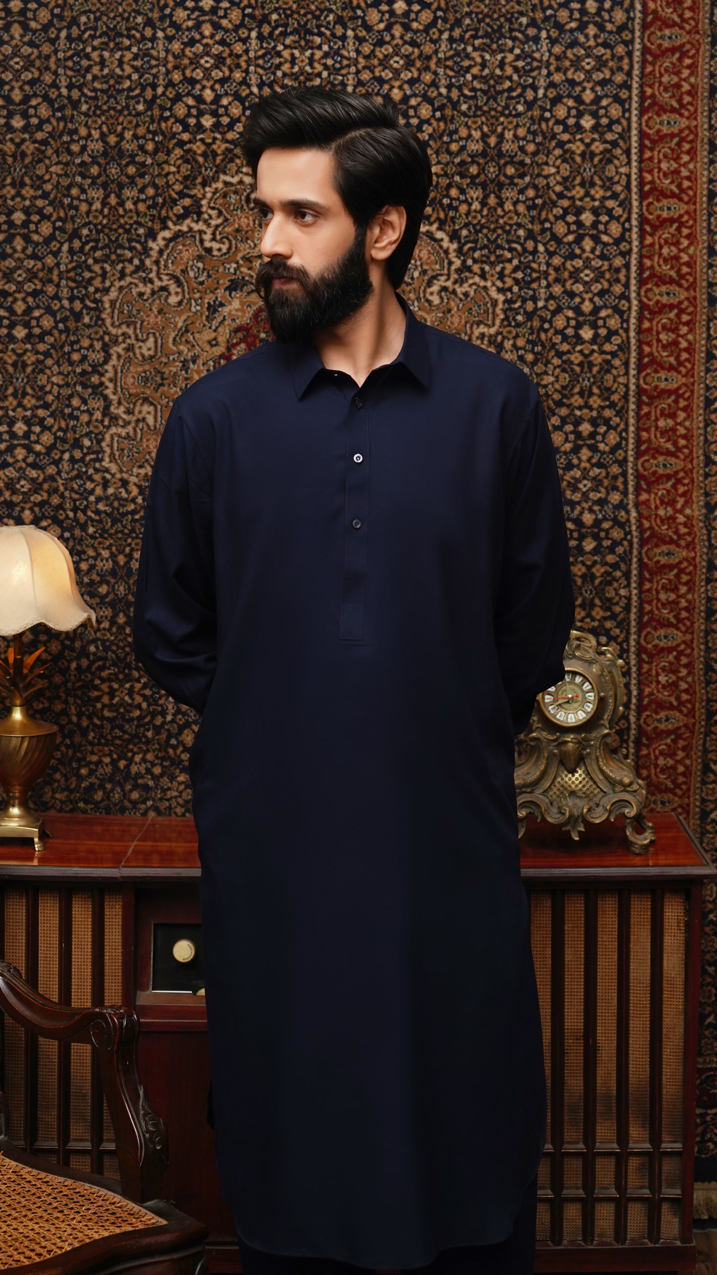 NAVY BLUE COLLAR WASH & WEAR MEN'S SHALWAR KAMEEZ