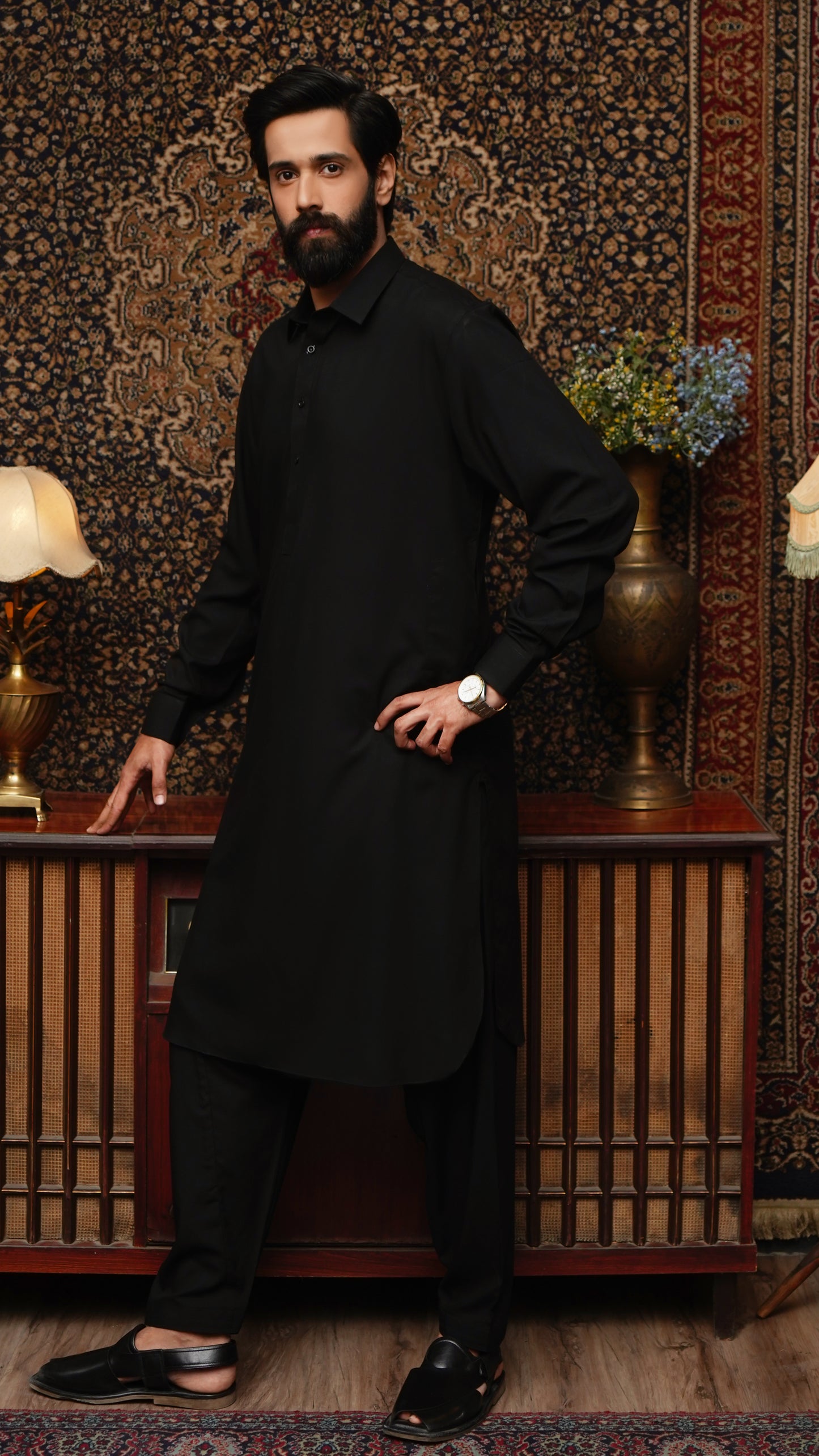 JET BLACK COLLAR WASH & WEAR MEN'S SHALWAR KAMEEZ