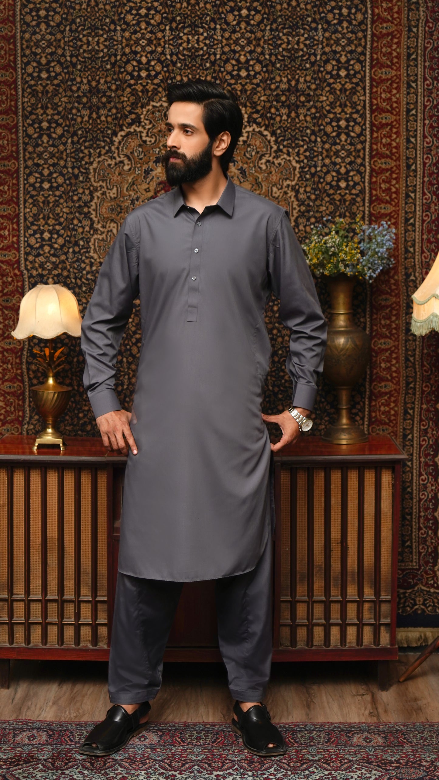GRAY COLLAR WASH & WEAR MEN'S SHALWAR KAMEEZ