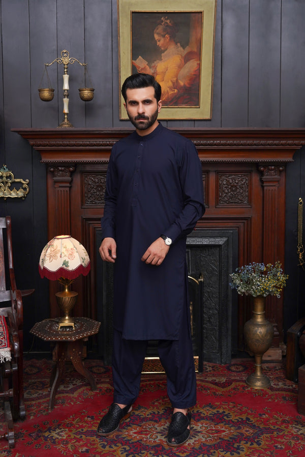 MARINEBLAUES WASCH- UND TRAGEFESTES HERREN-SHALWAR-KAMEEZ