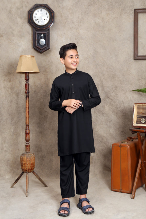 BLACK WASH & WEAR KID'S KURTA SET WITH BLACK BUTTONS