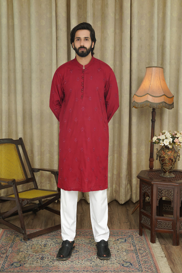 ROTE BESTICKTE BAUMWOLL-KURTA FÜR HERREN