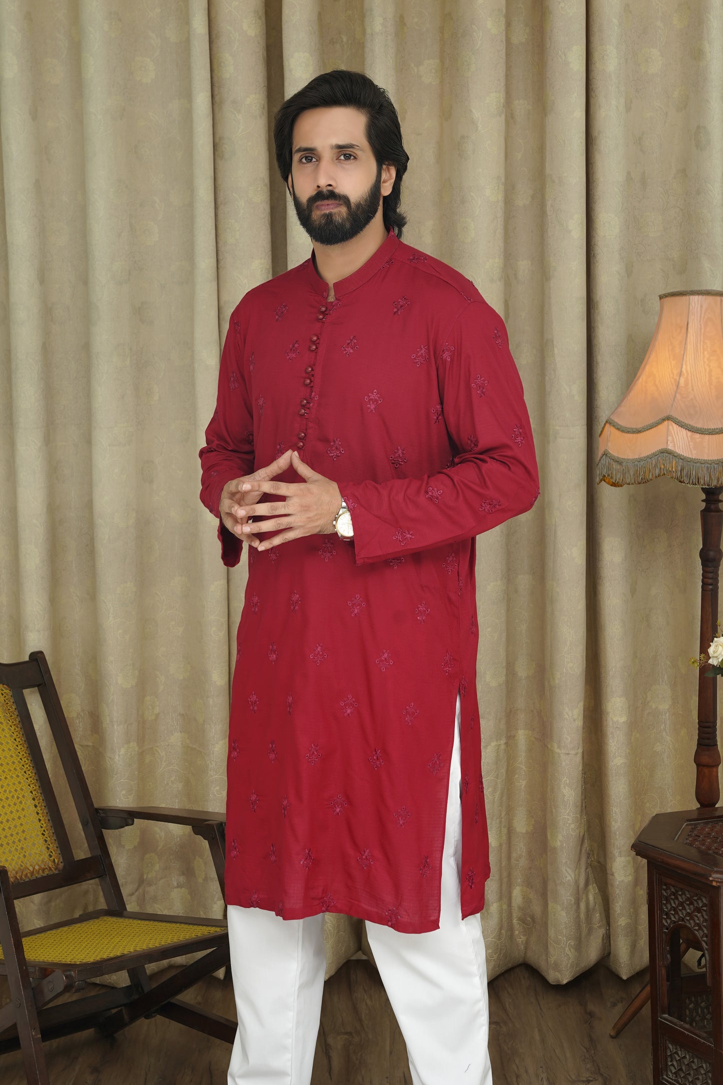 RED EMBROIDED MEN'S COTTON KURTA