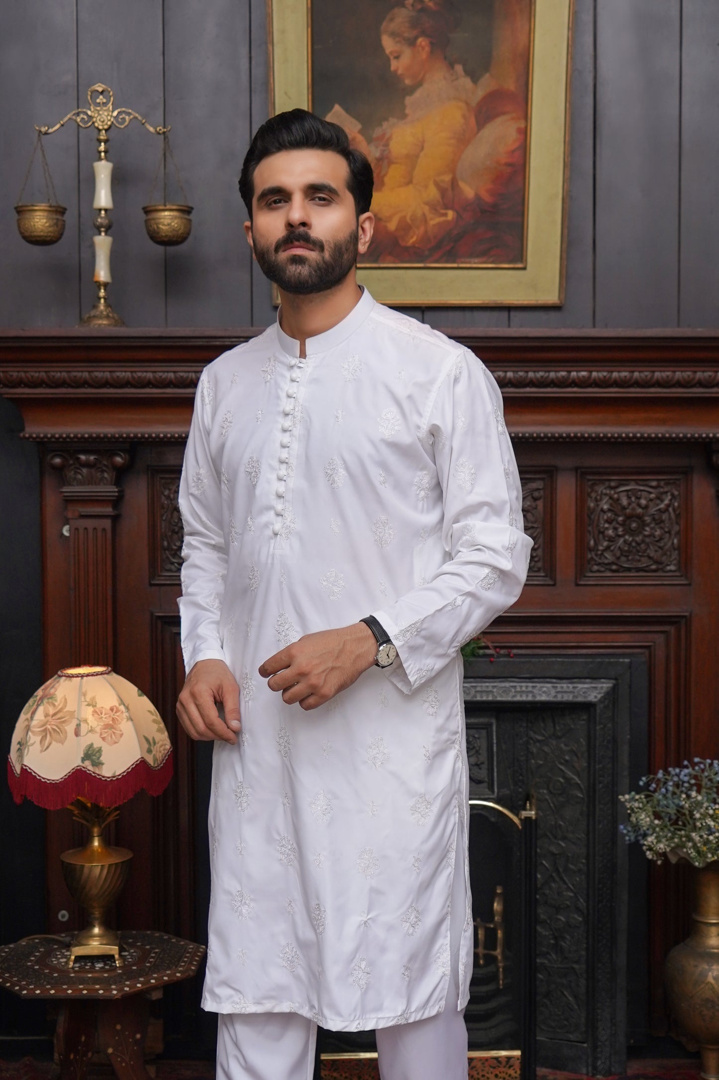 WHITE BOSKI CHICKEN MEN'S KAMEEZ SHALWAR