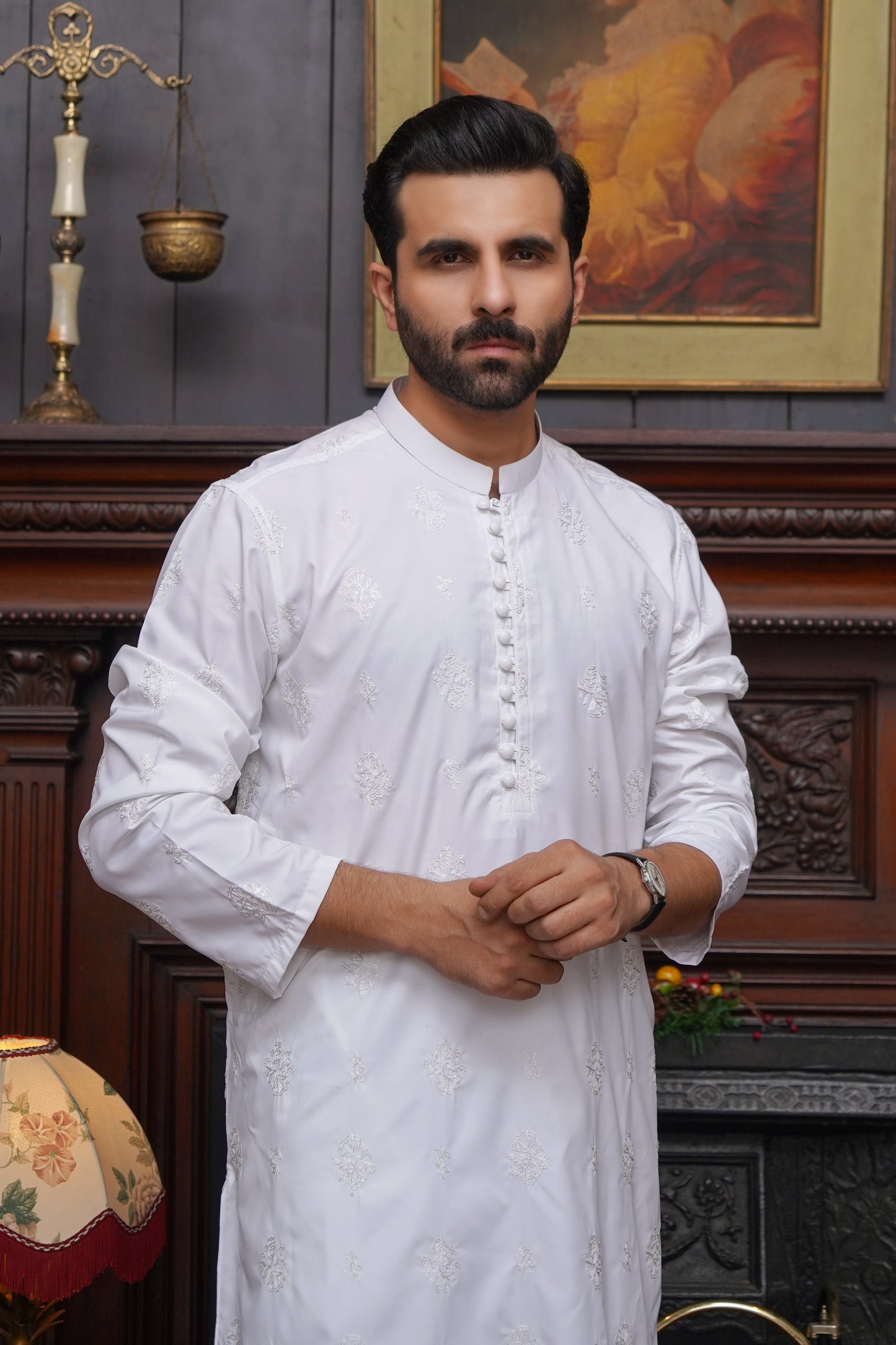 WHITE BOSKI CHICKEN MEN'S KAMEEZ SHALWAR