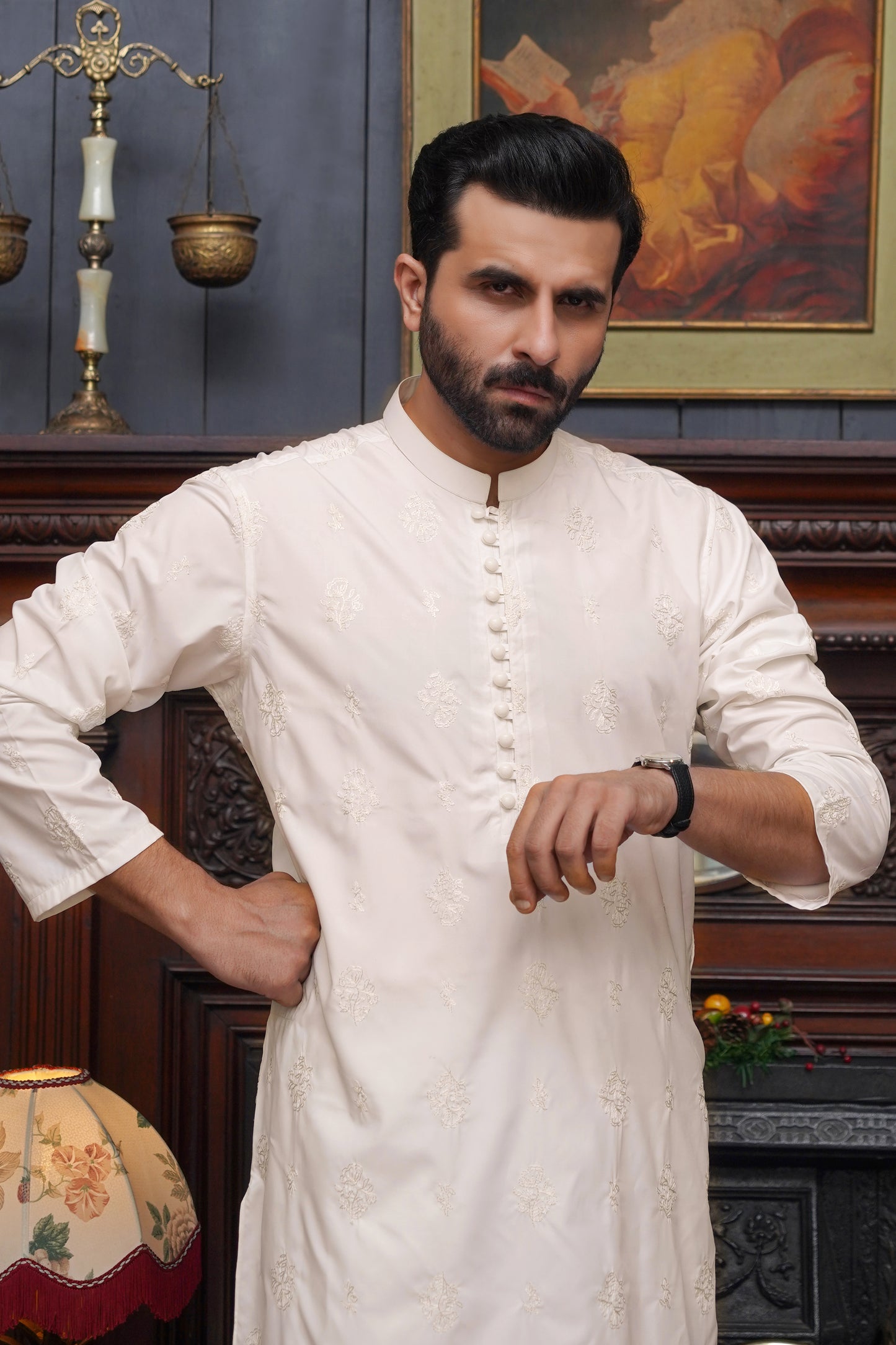BOSKI OFF-WHITE CHICKEN MEN'S KAMEEZ SHALWAR