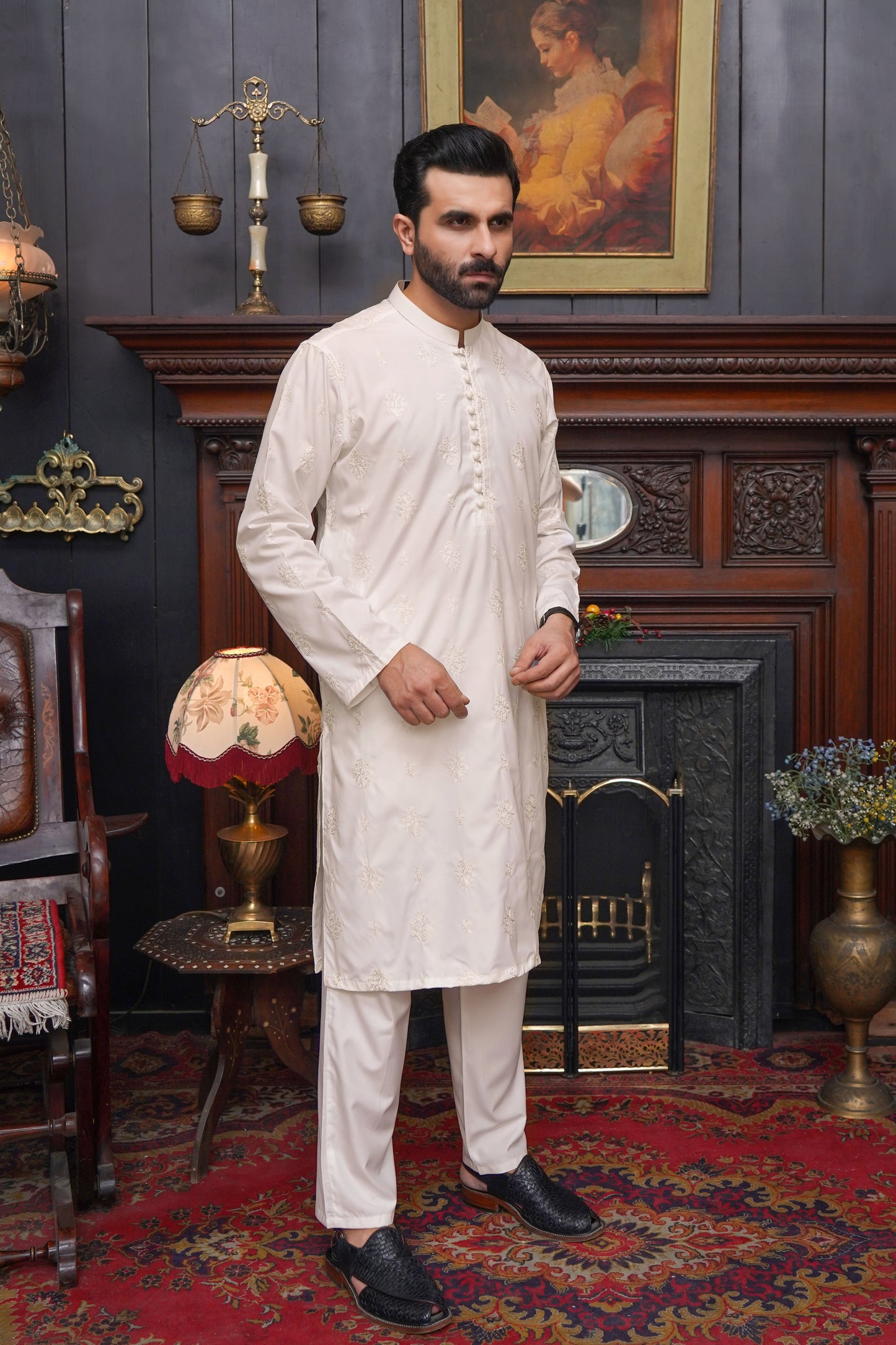 BOSKI OFF-WHITE CHICKEN MEN'S KAMEEZ SHALWAR