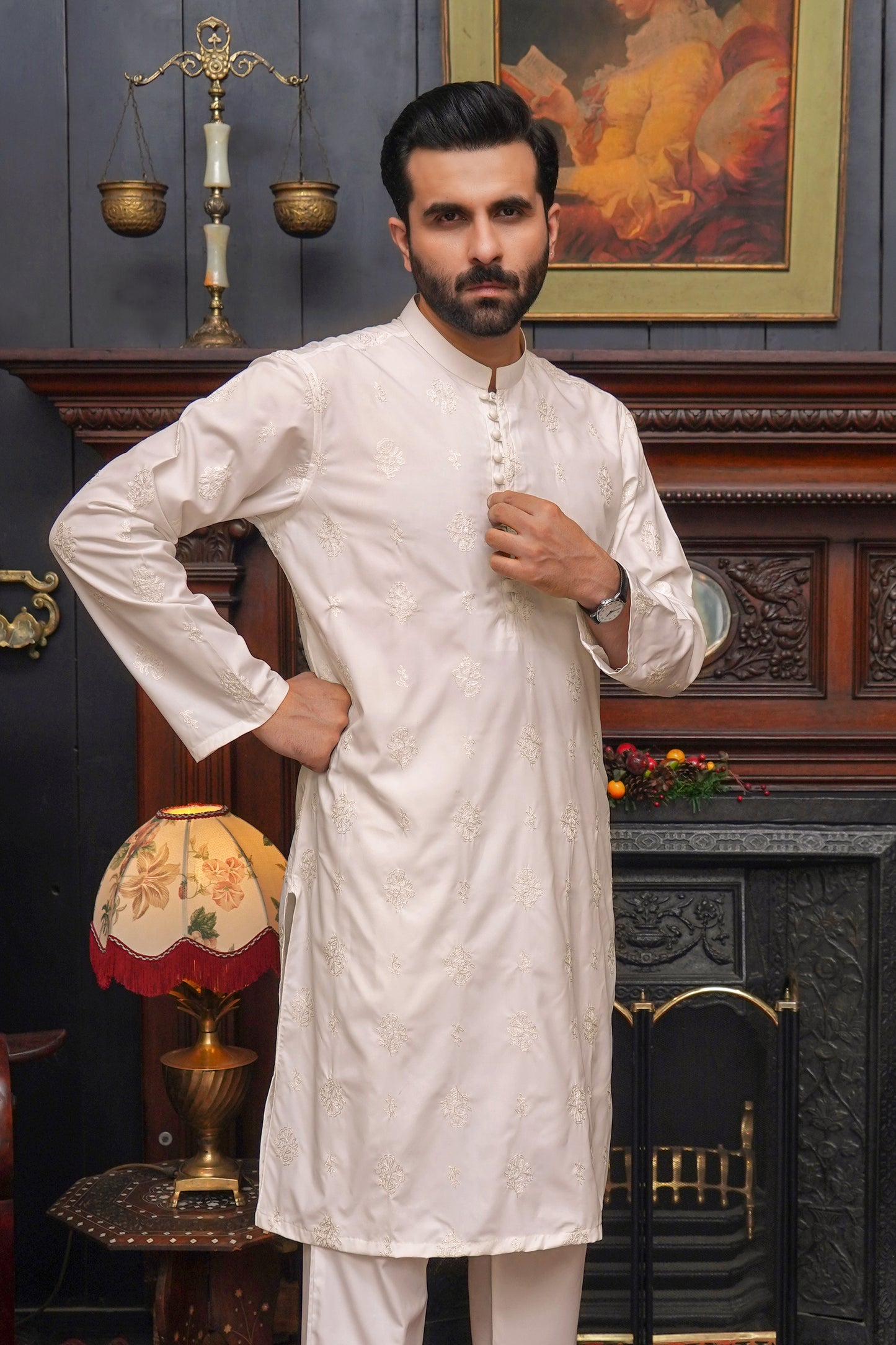 BOSKI OFF-WHITE CHICKEN MEN'S KAMEEZ SHALWAR