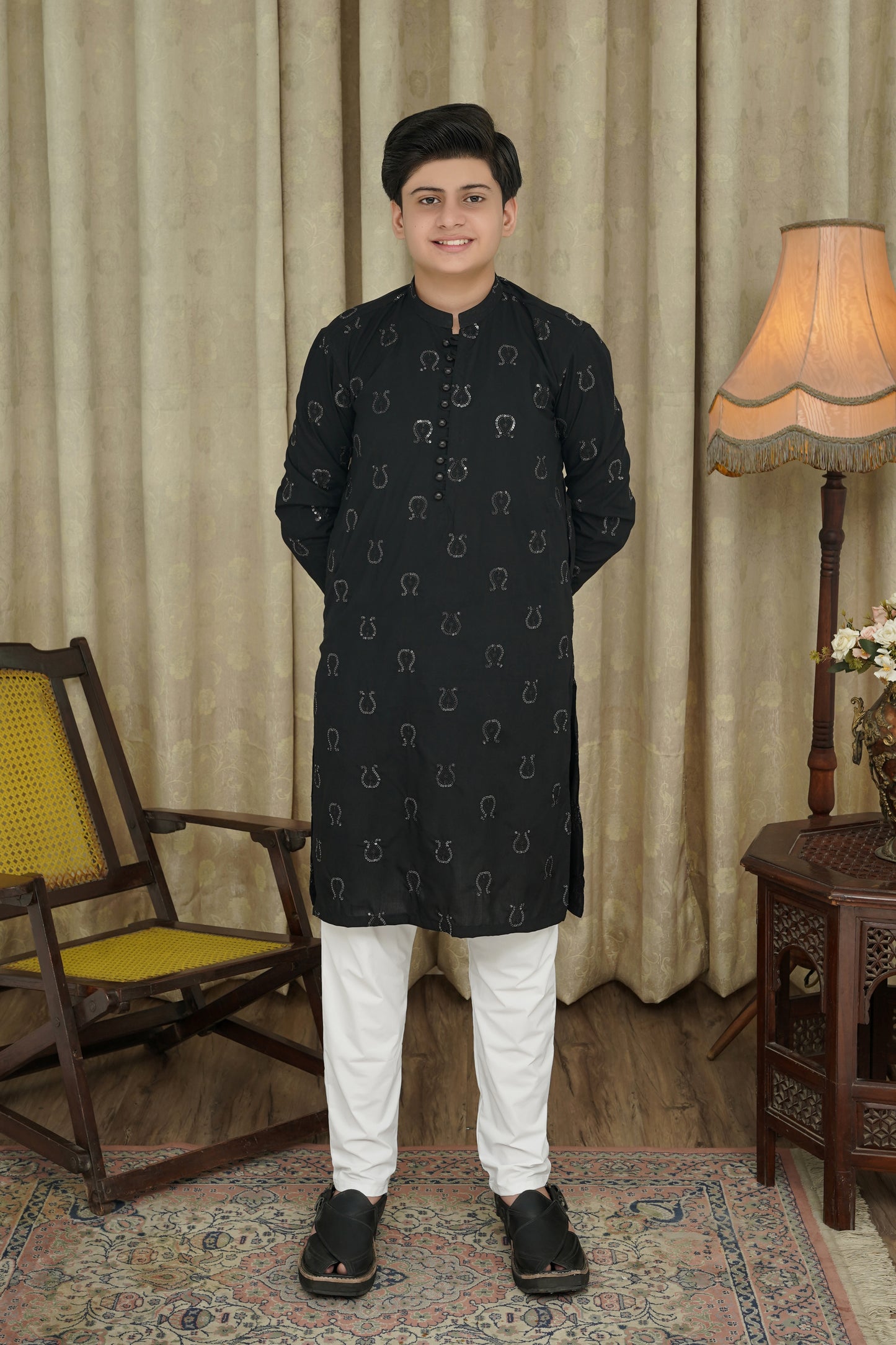 BLACK EMBROIDED CHICKEN KID'S KURTA