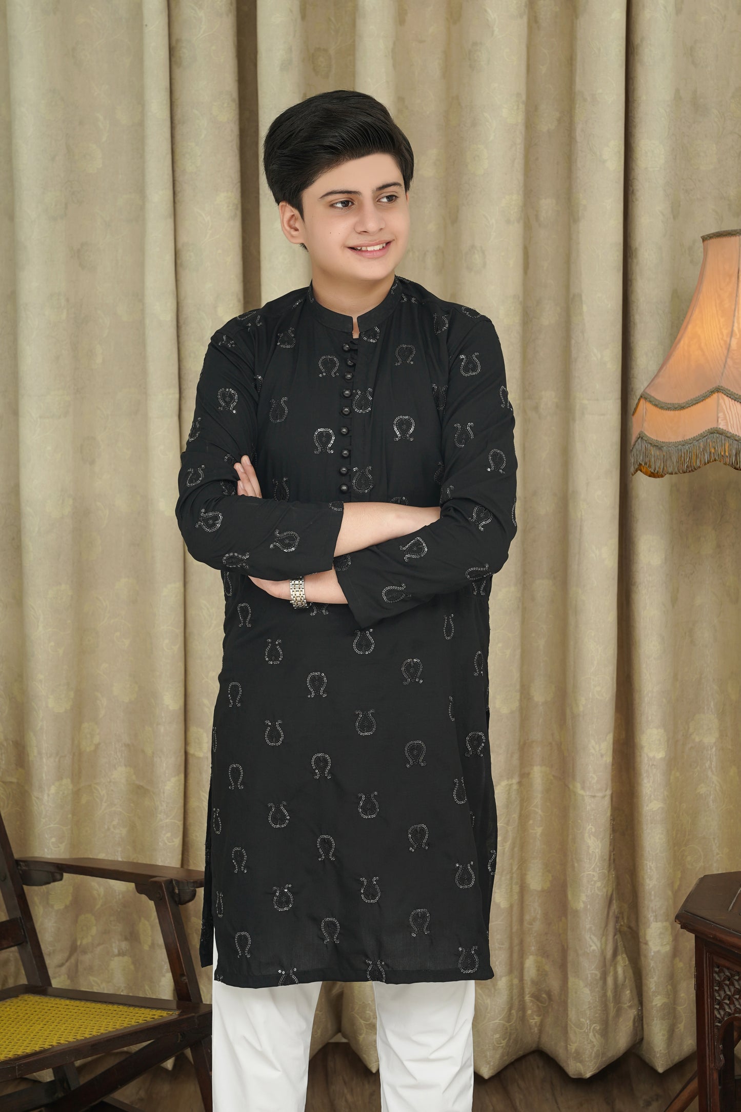 BLACK EMBROIDED CHICKEN KID'S KURTA