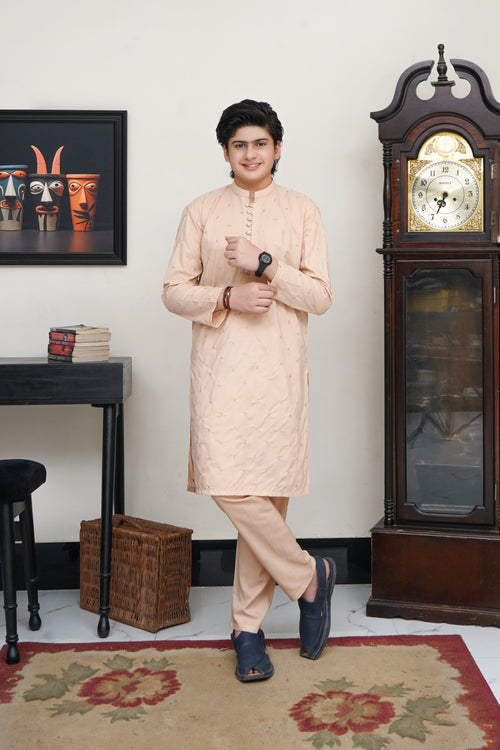 CREAM KID'S EMBROIDED WASH & WEAR KURTA SET