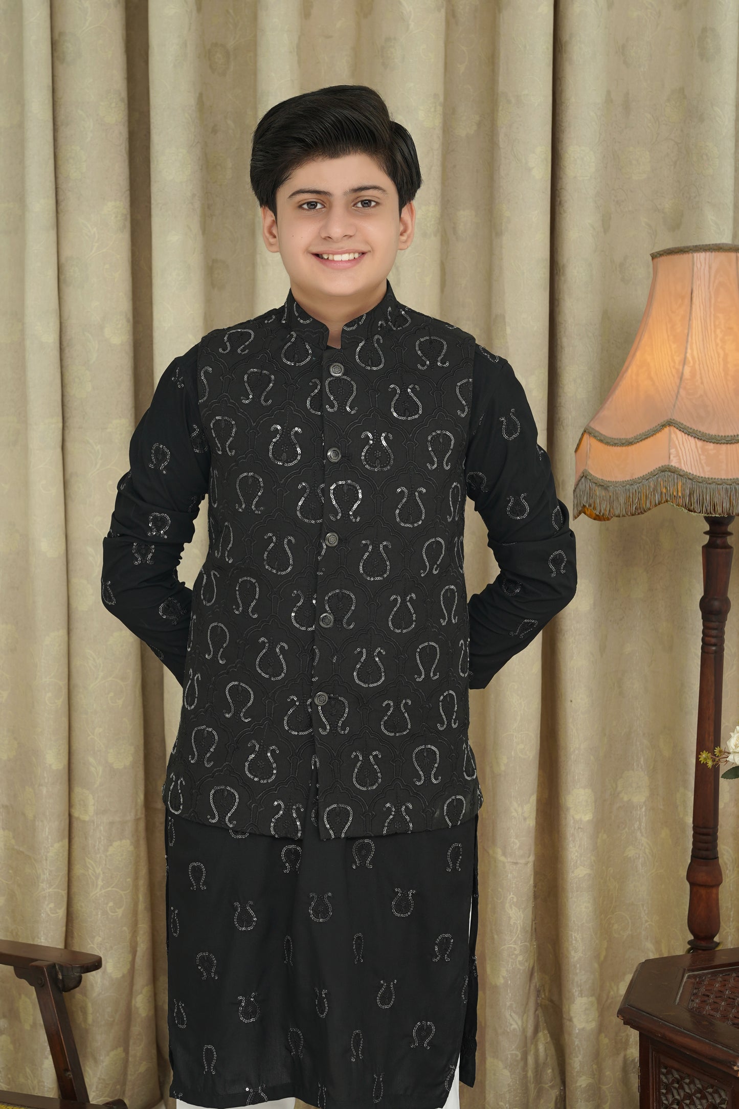 BLACK SEQUENCE EMBROIDERY KID'S WAIST COAT