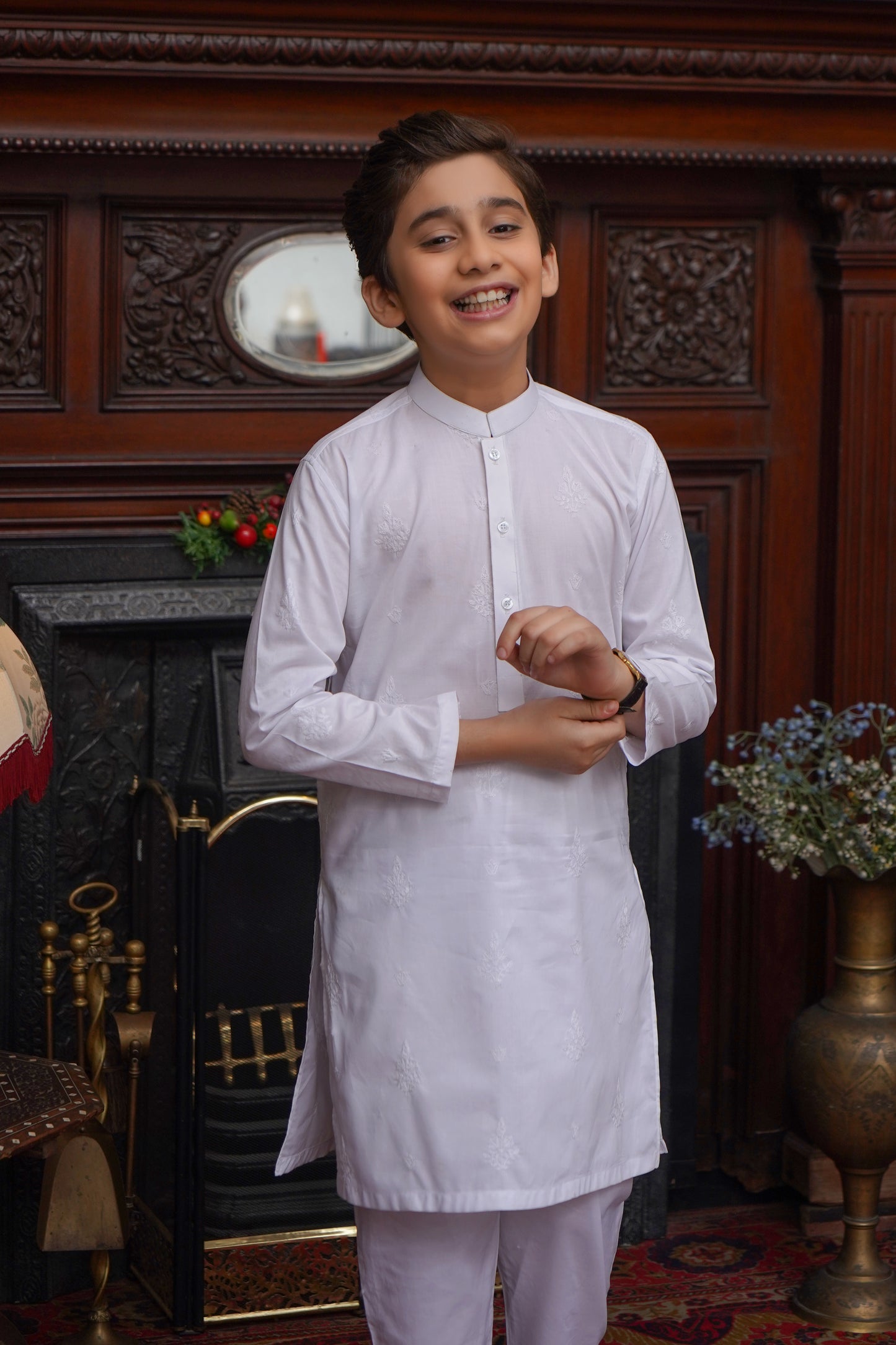 WHITE COTTN EMBROIDED KID'S KAMEEZ SHALWAR