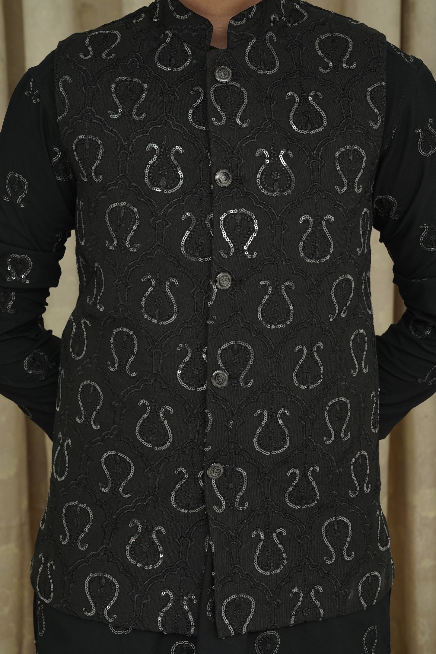 BLACK SEQUENCE EMBROIDERY KID'S WAIST COAT