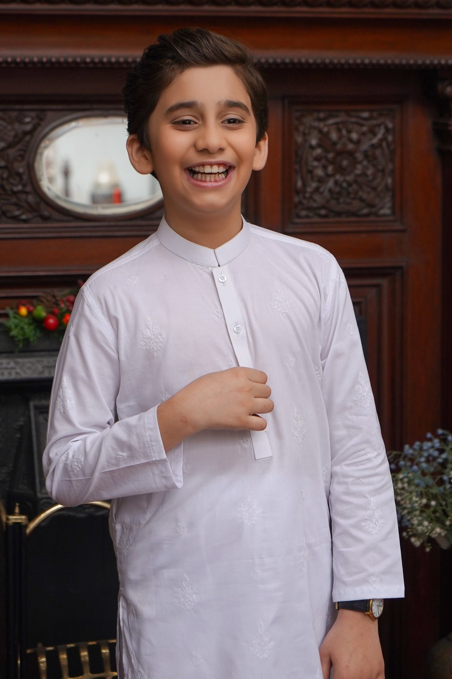 WHITE COTTN EMBROIDED KID'S KAMEEZ SHALWAR