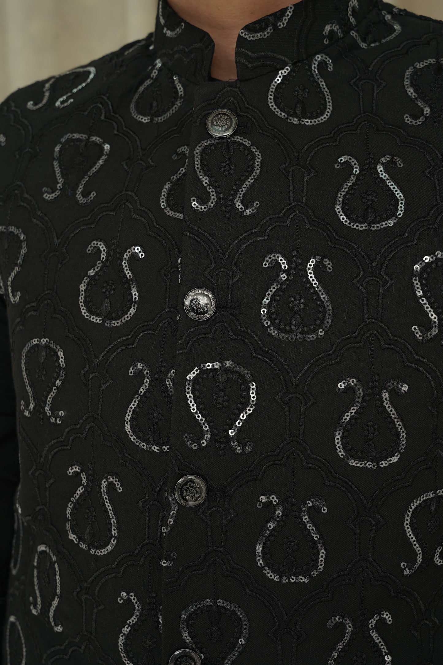 BLACK SEQUENCE EMBROIDERY KID'S WAIST COAT