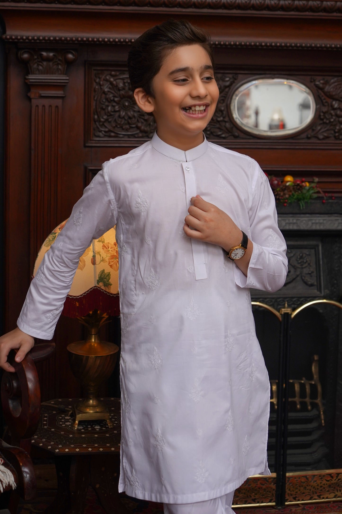 WHITE COTTN EMBROIDED KID'S KAMEEZ SHALWAR