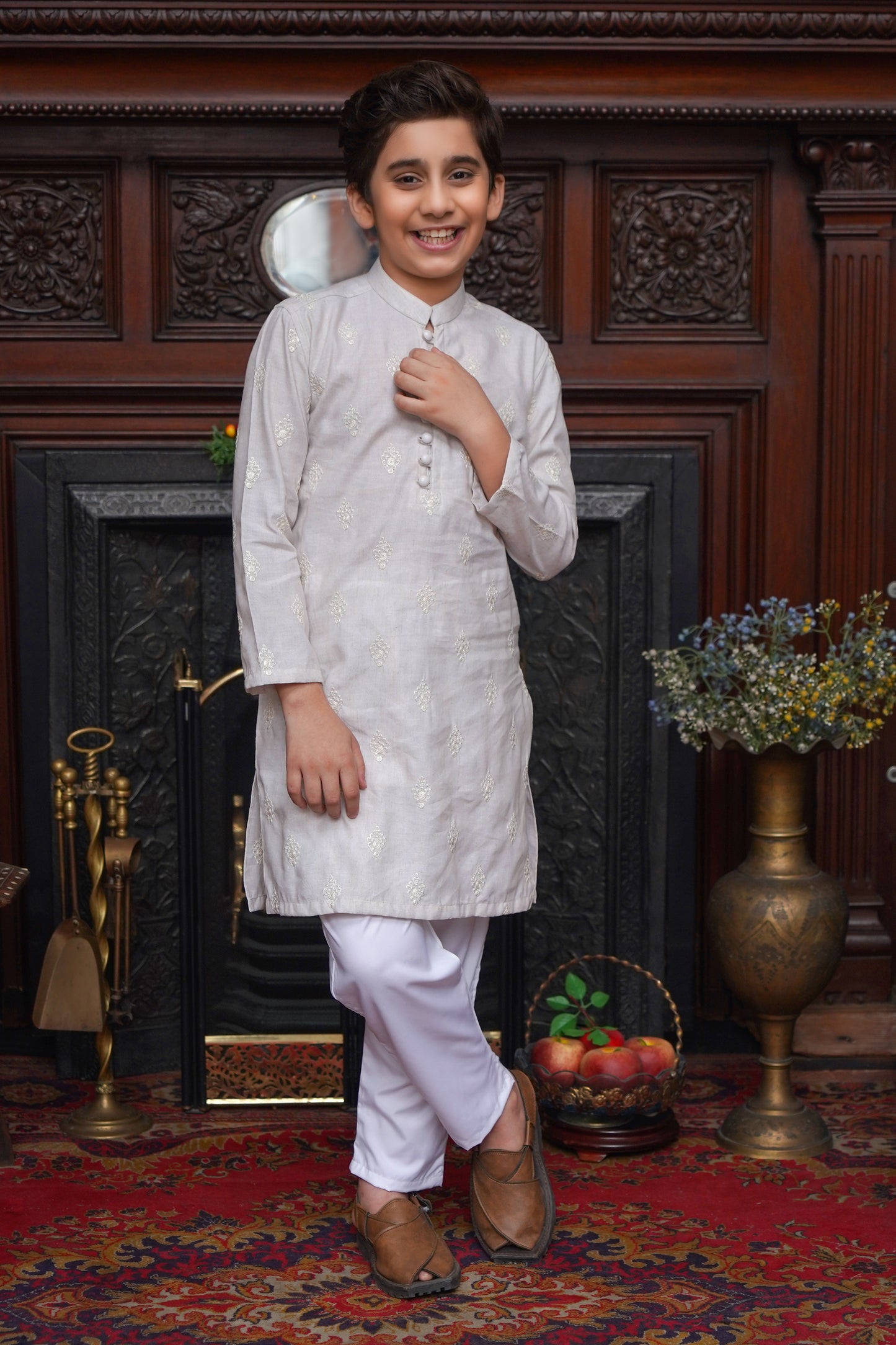 OFF WHITE CHICKEN LINEN KID'S KURTA