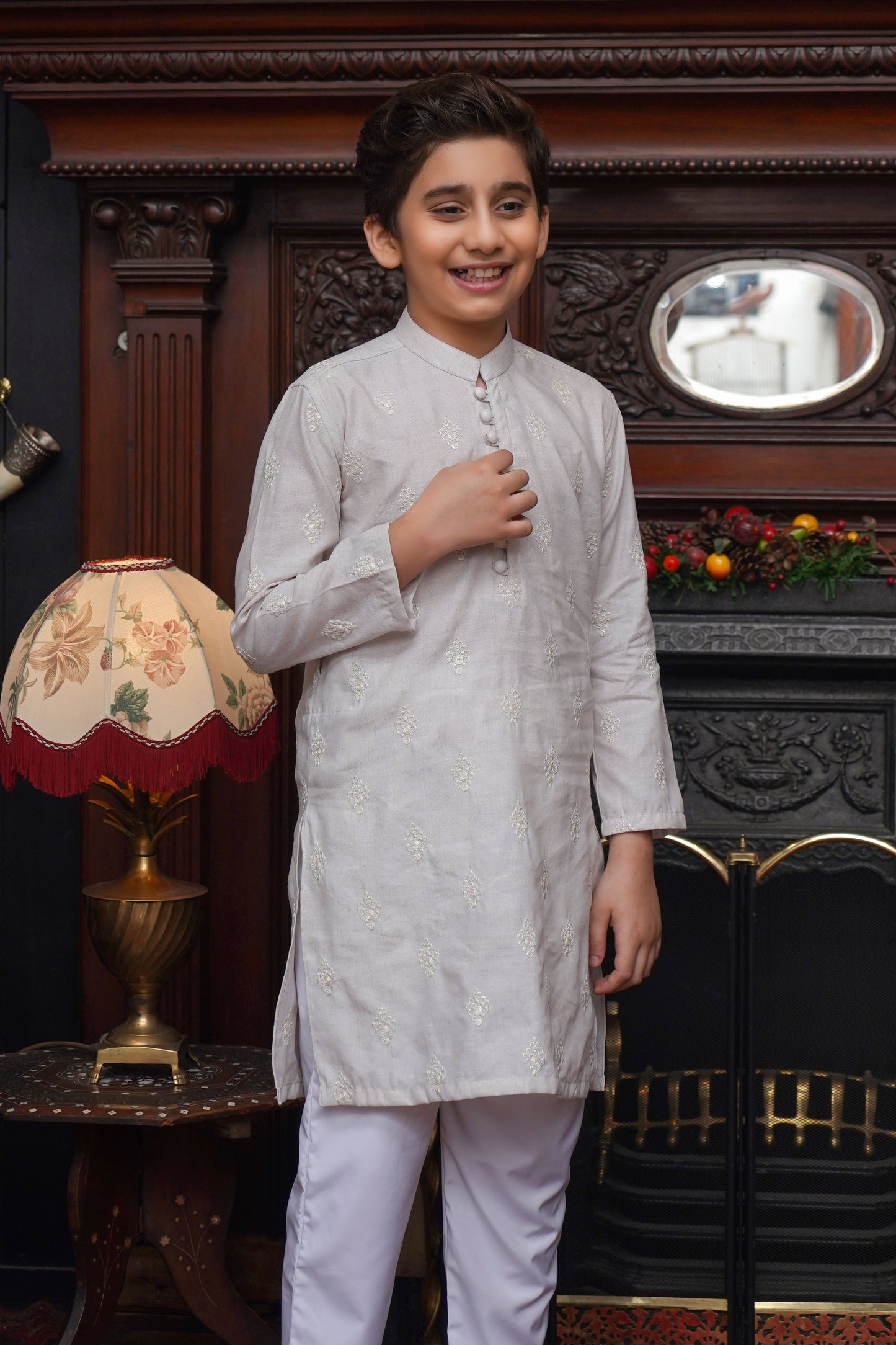OFF WHITE CHICKEN LINEN KID'S KURTA