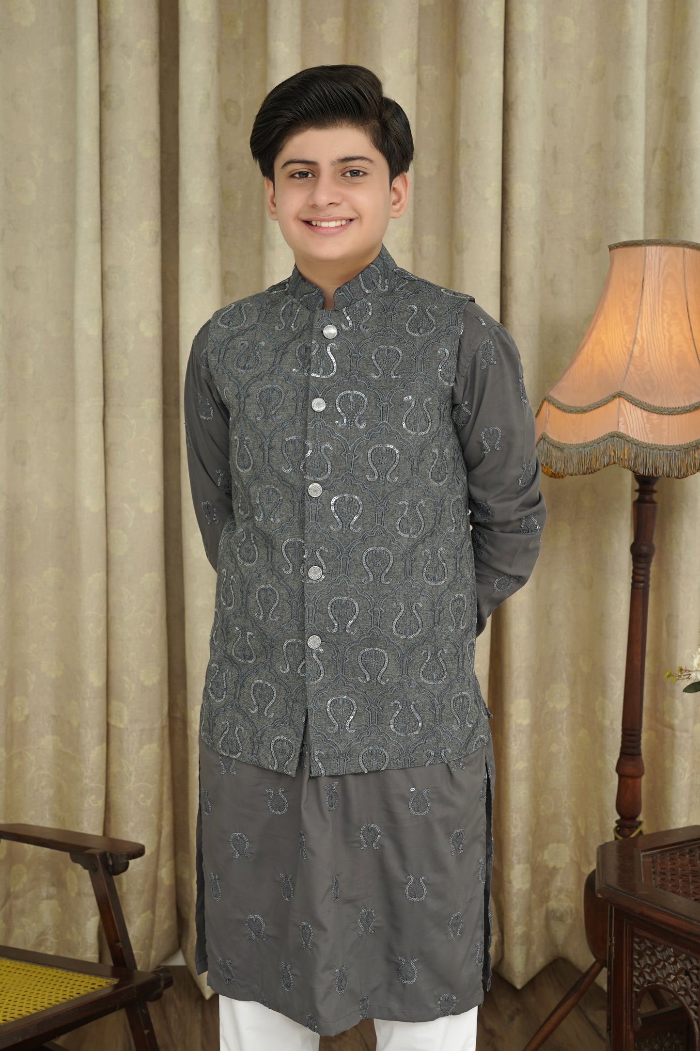 GRAY SEQUENCE EMBROIDERY KID'S WAIST COAT
