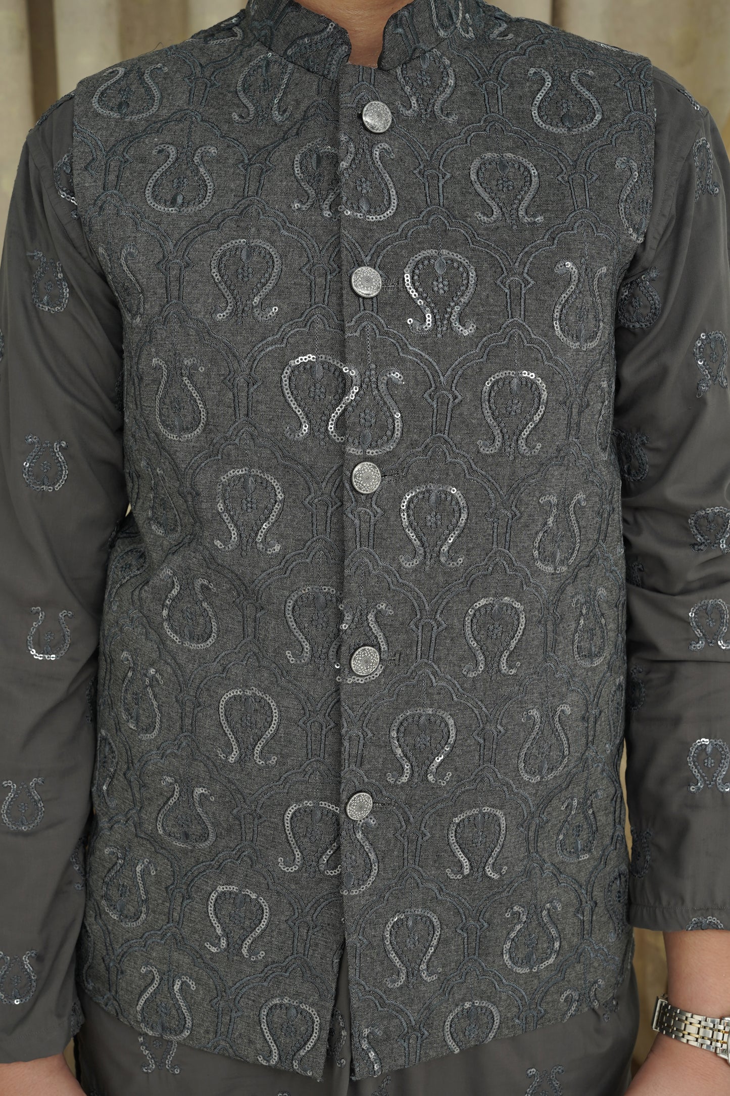 GRAY SEQUENCE EMBROIDERY KID'S WAIST COAT