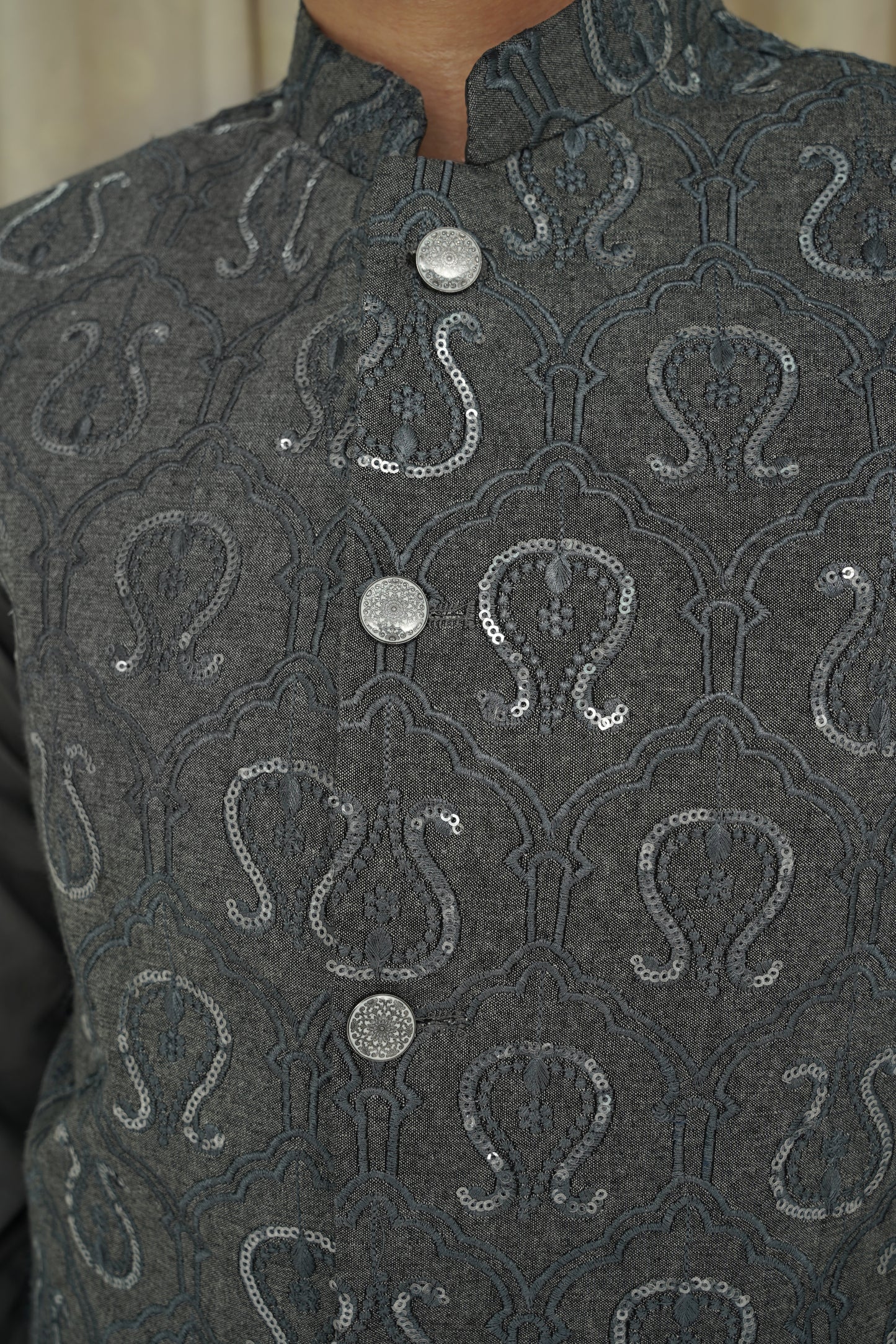 GRAY SEQUENCE EMBROIDERY KID'S WAIST COAT