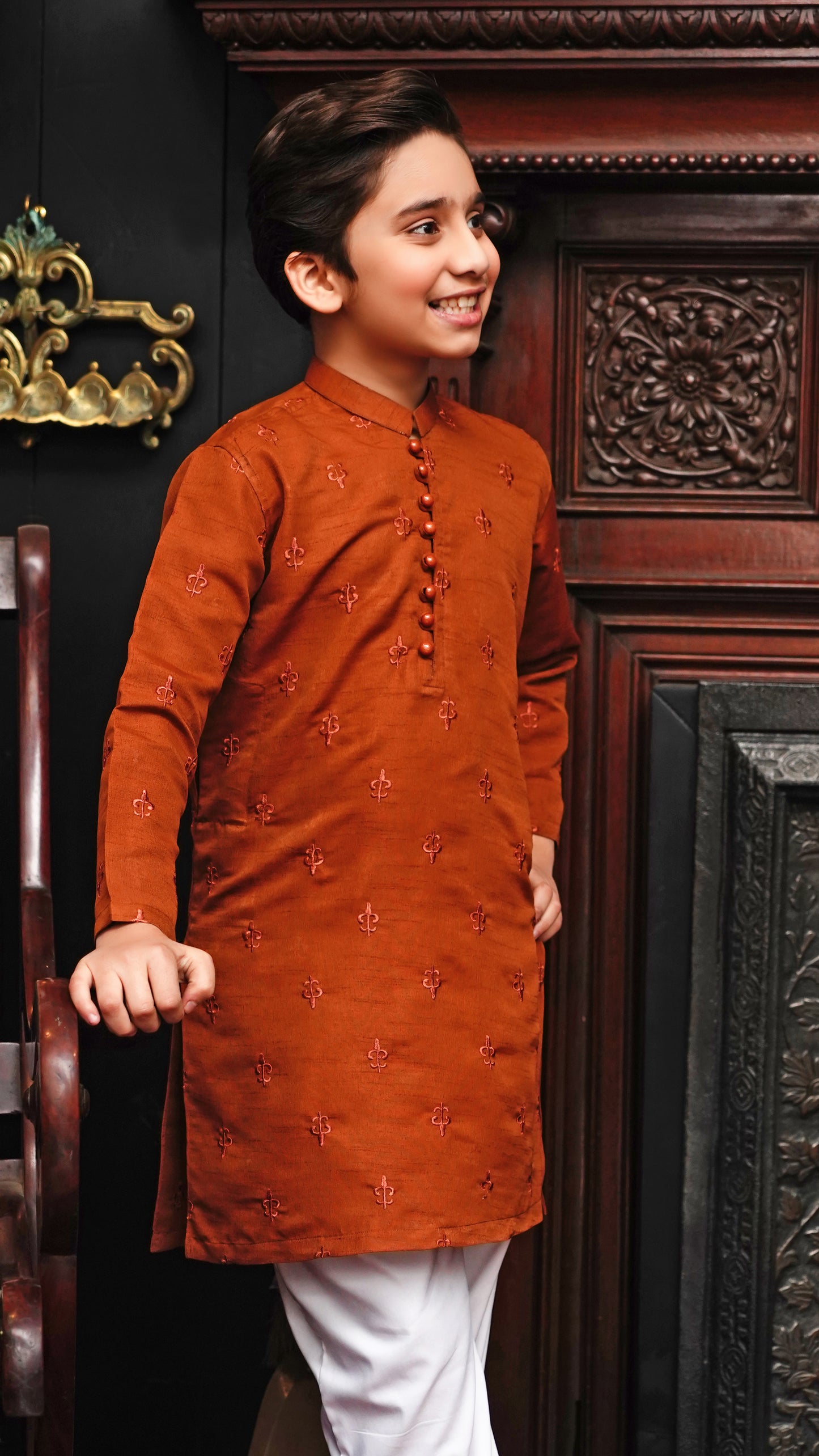 RUST BROWN EMBROIDED KID'S KURTA