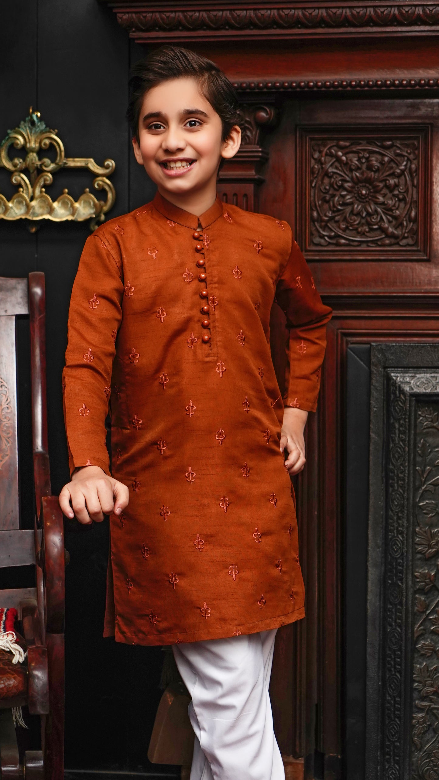 RUST BROWN EMBROIDED KID'S KURTA