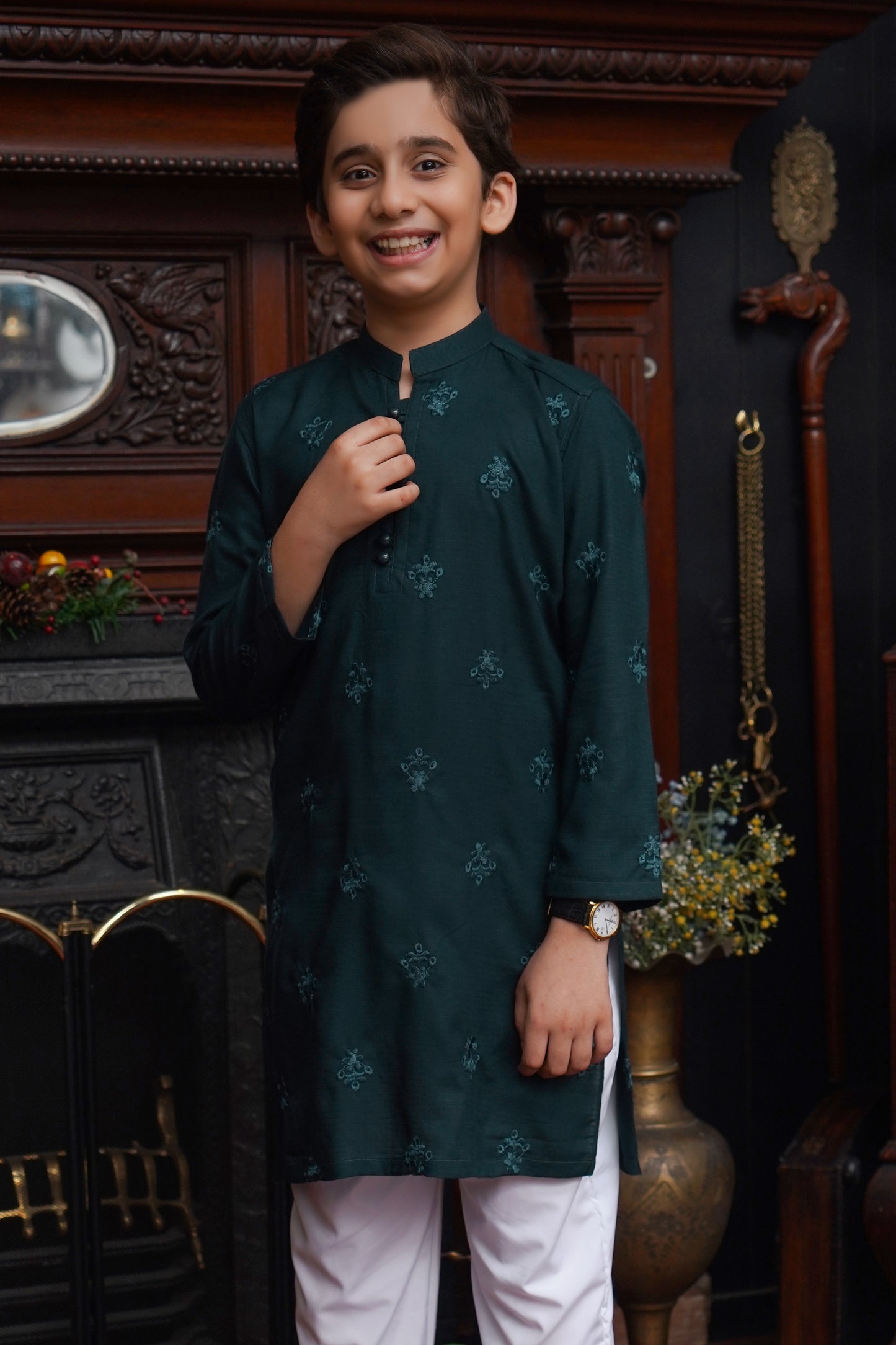DARK GREEN EMBROIDED KID'S KURTA