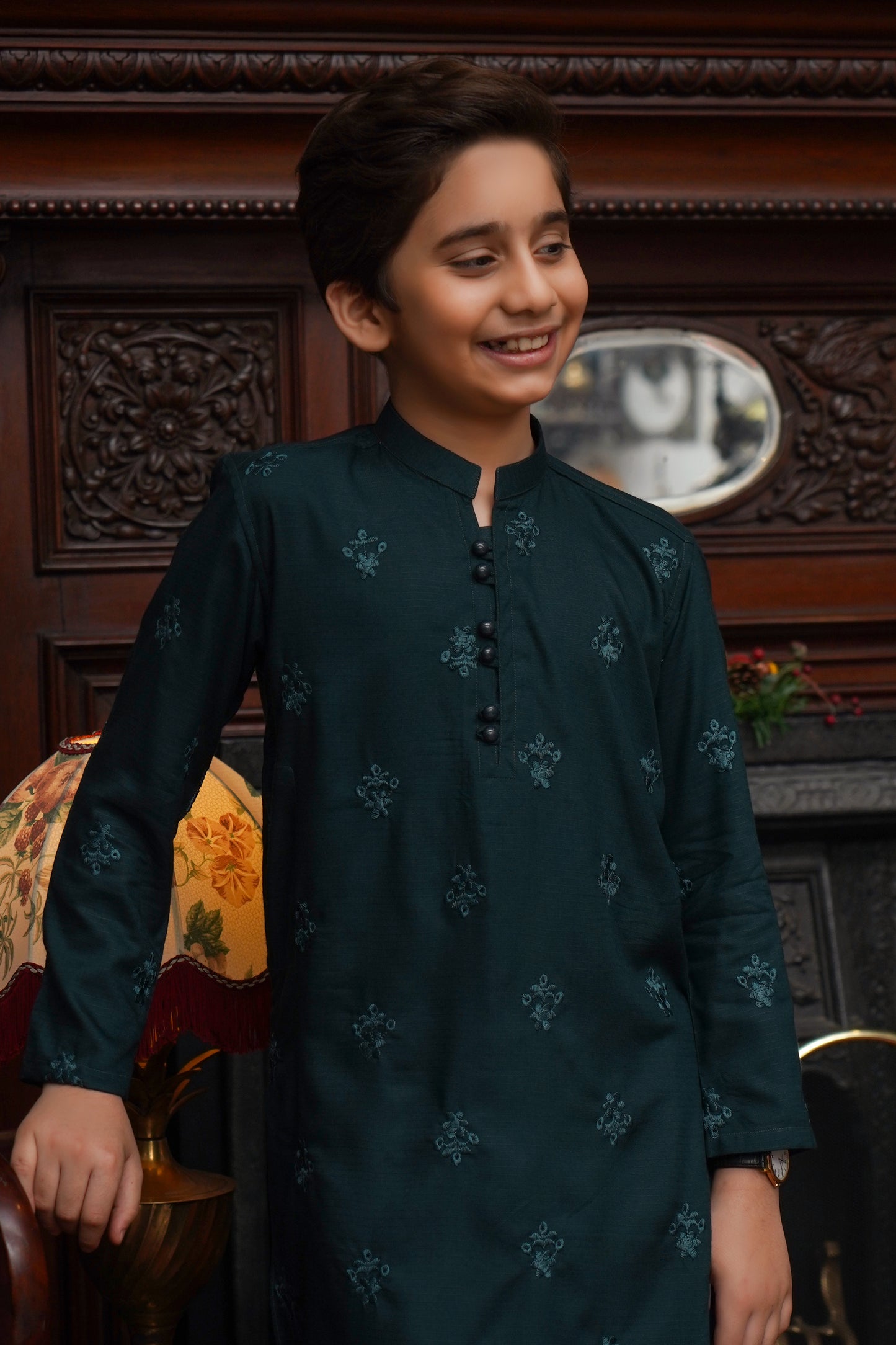 DARK GREEN EMBROIDED KID'S KURTA