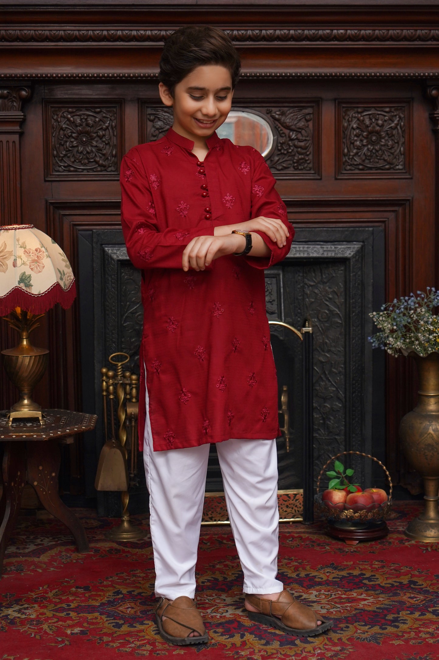 RED EMBROIDED KID'S COTTON KURTA