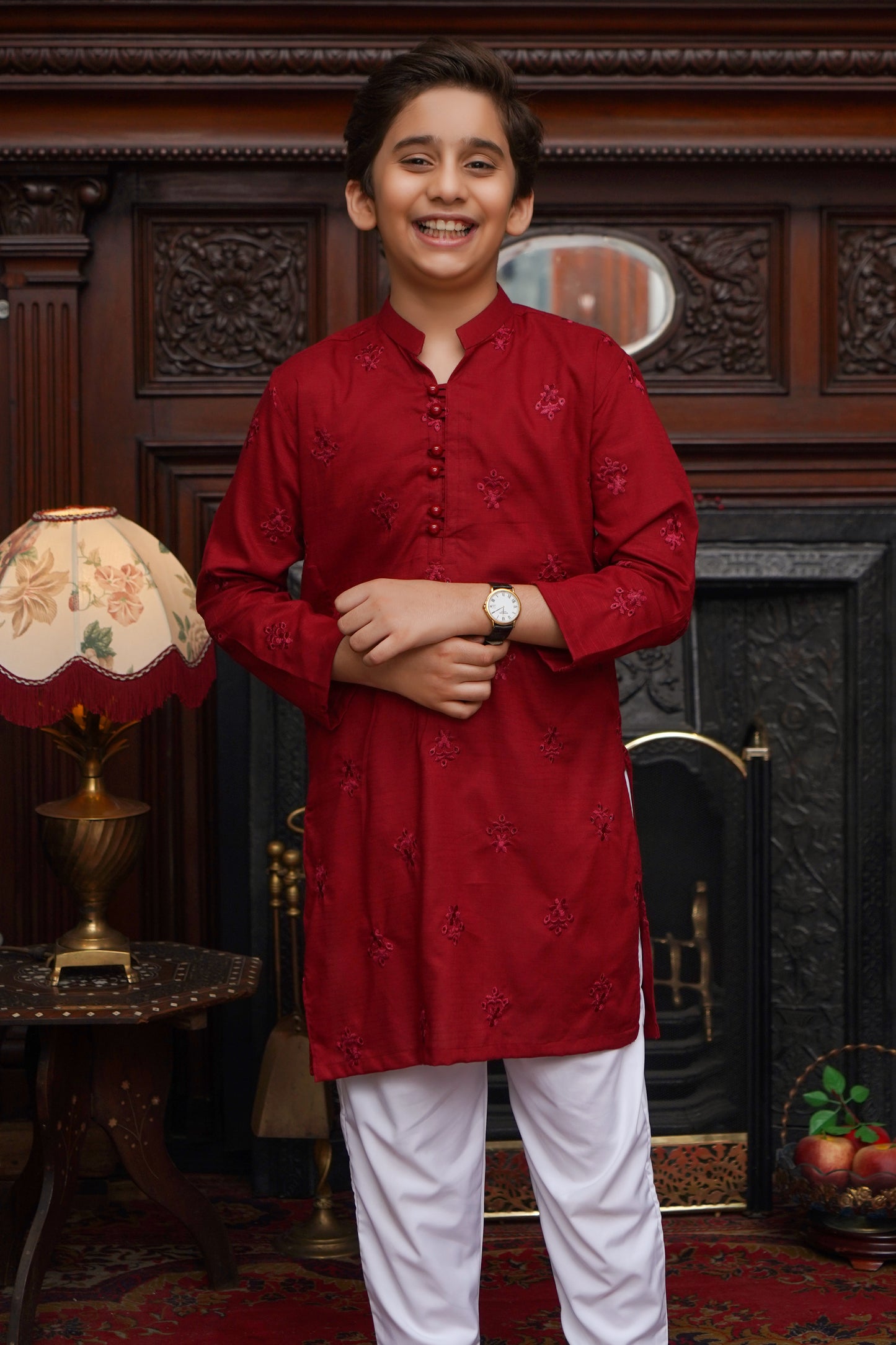 RED EMBROIDED KID'S COTTON KURTA