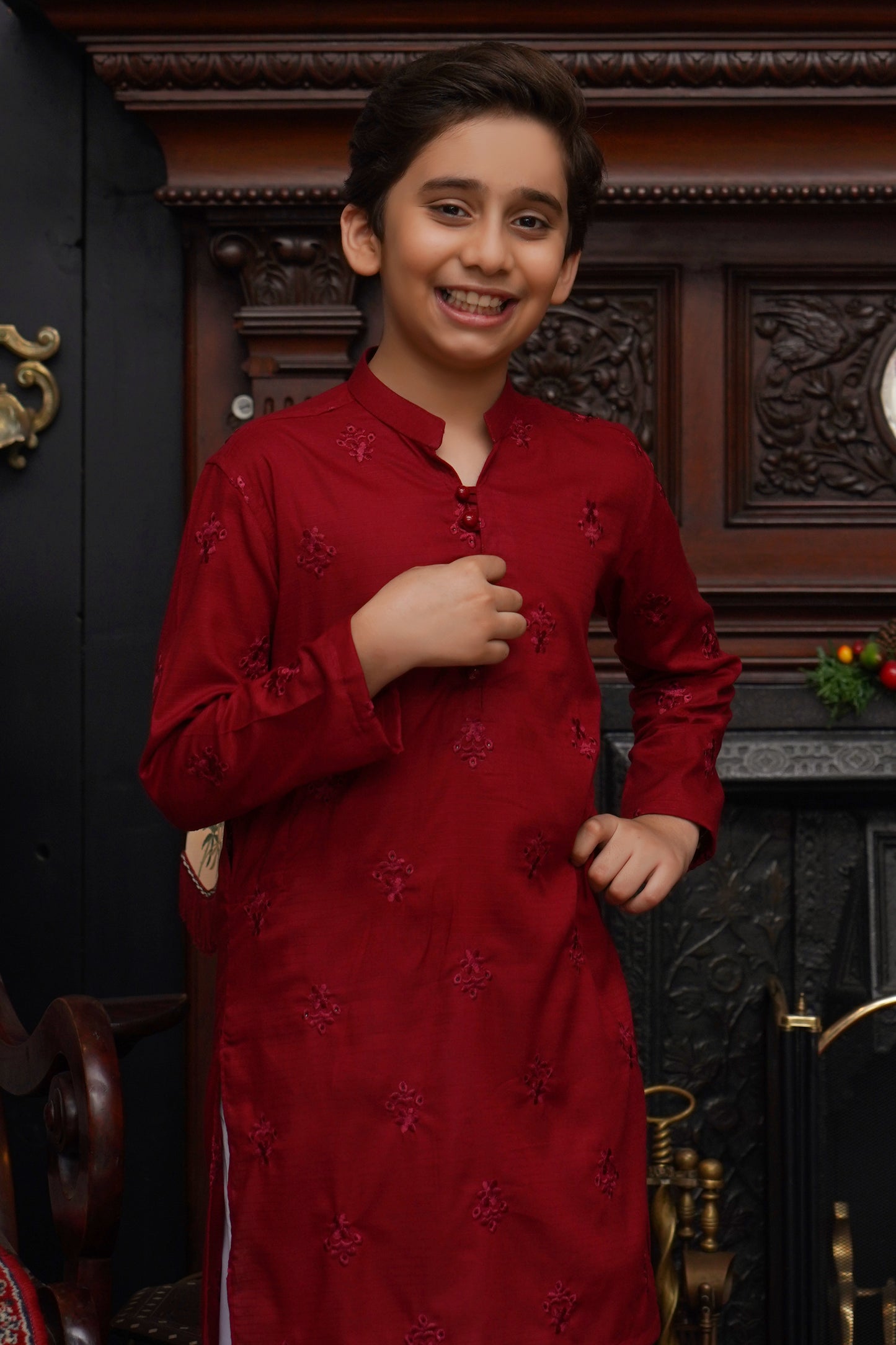RED EMBROIDED KID'S COTTON KURTA