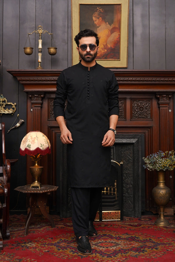 BLACK EMBROIDED WASH & WEAR MEN'S KURTA SET