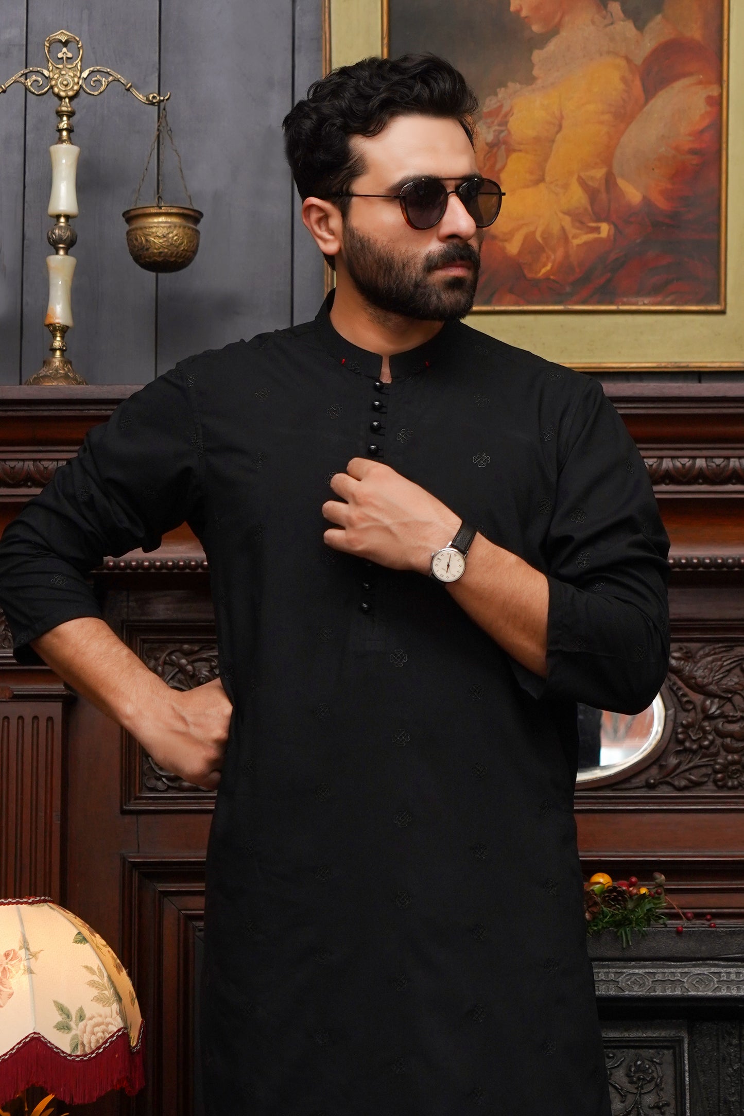 BLACK EMBROIDED WASH & WEAR MEN'S KAMEEZ SHALWAR